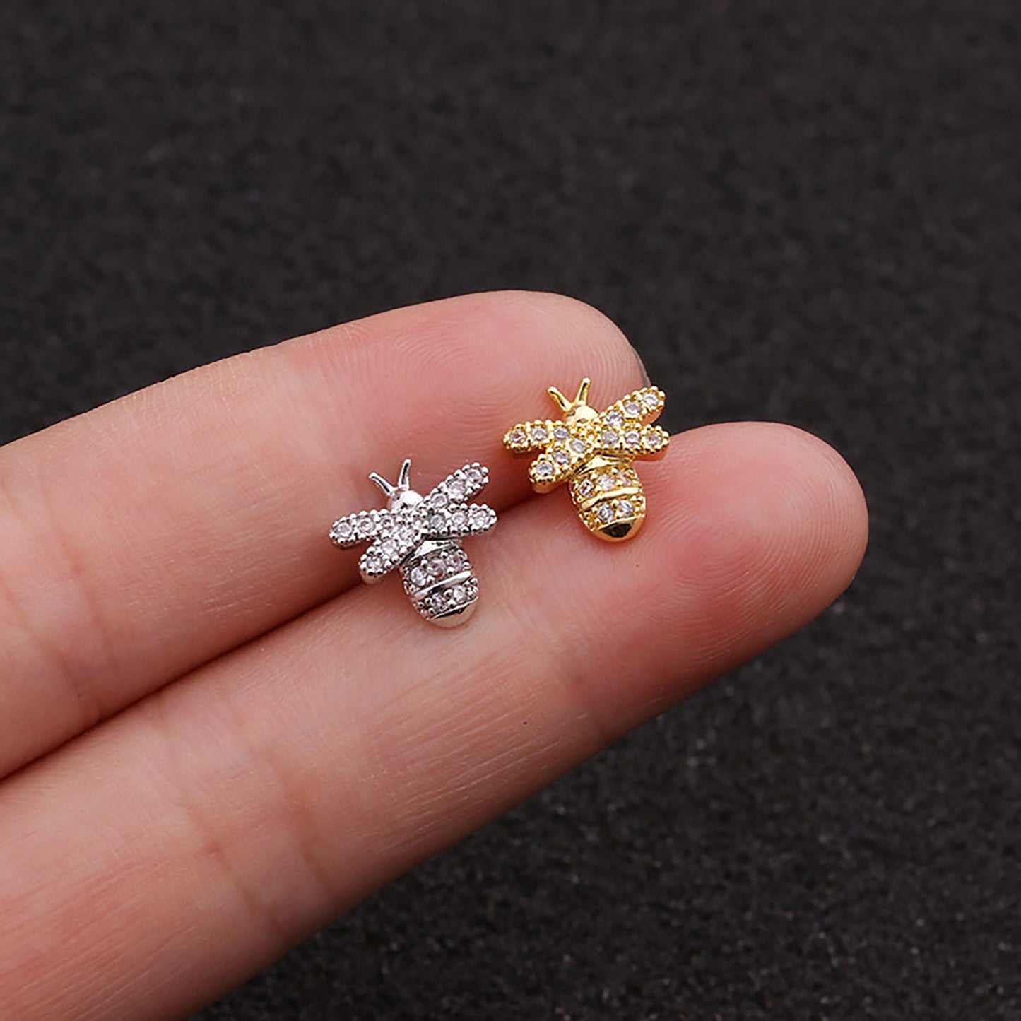 Titanium Bee Zircon Screw Back Stud Earrings