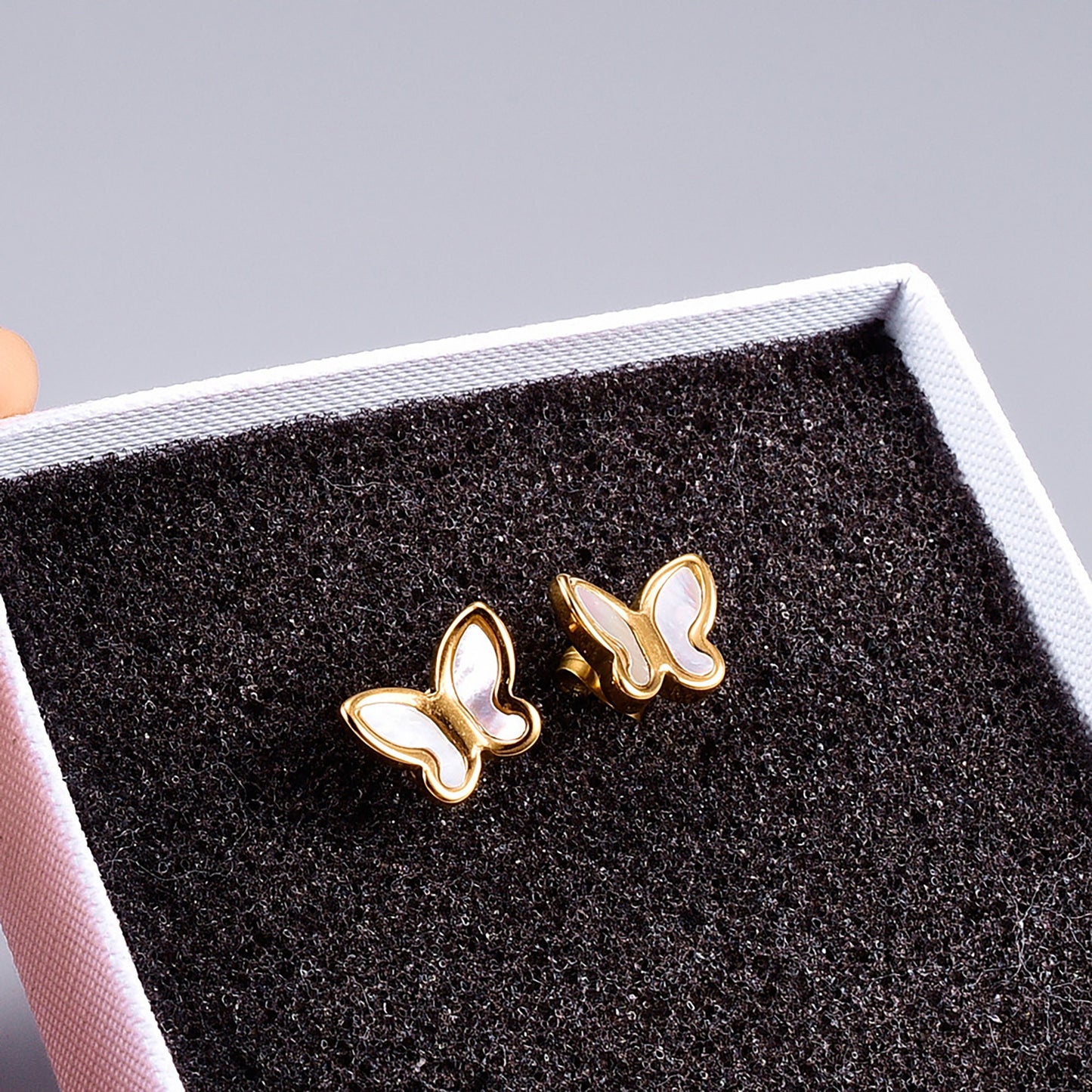 Titanium White Butterfly Stud Earrings, Non Tarnish Earrings, Implant Grade Titanium Waterproof Earrings, Vintage Style Earrings