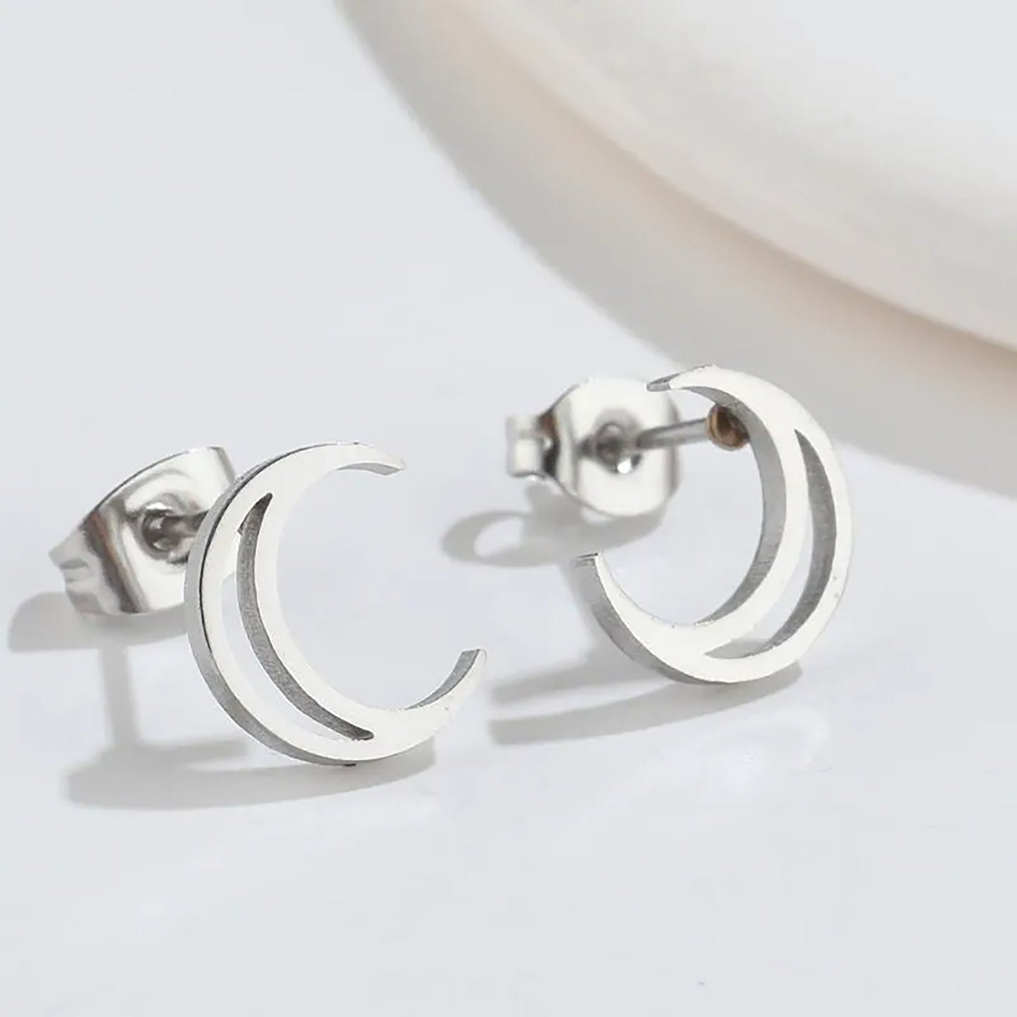 Titanium Moon Stud Earrings, Non Tarnish Earrings, Implant Grade Titanium Waterproof Earrings, Vintage Style Earrings, Minimal Earrings