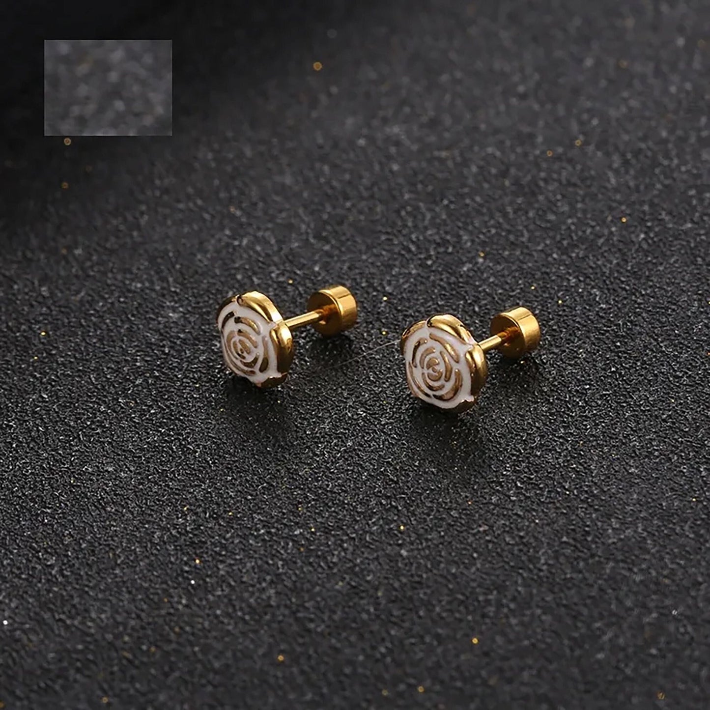 Titanium White Rose Stud Earrings, Non Tarnish Earrings, Implant Grade Titanium Waterproof Earrings, Vintage Style Earrings, Minimalist
