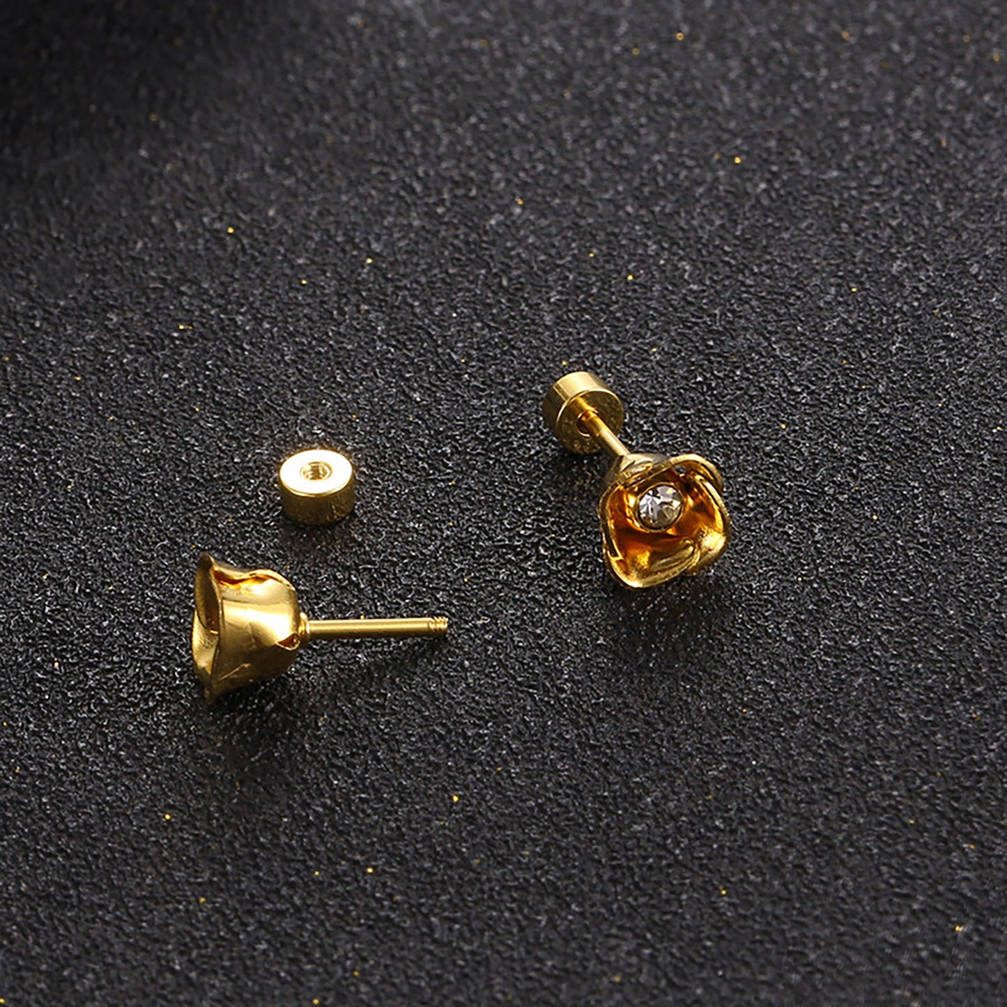 Titanium Diamond Flower Stud Earrings, Screw Flat Back, Non Tarnish Earrings, Implant Grade Titanium Waterproof, Vintage Style, Minimalist