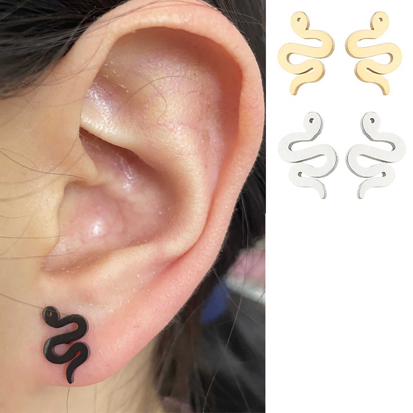 Titanium Snake Stud Earrings, Non Tarnish, Butterfly push back, Hypoallergenic, Implant Grade Waterproof Earrings, Minimalist, Fruit