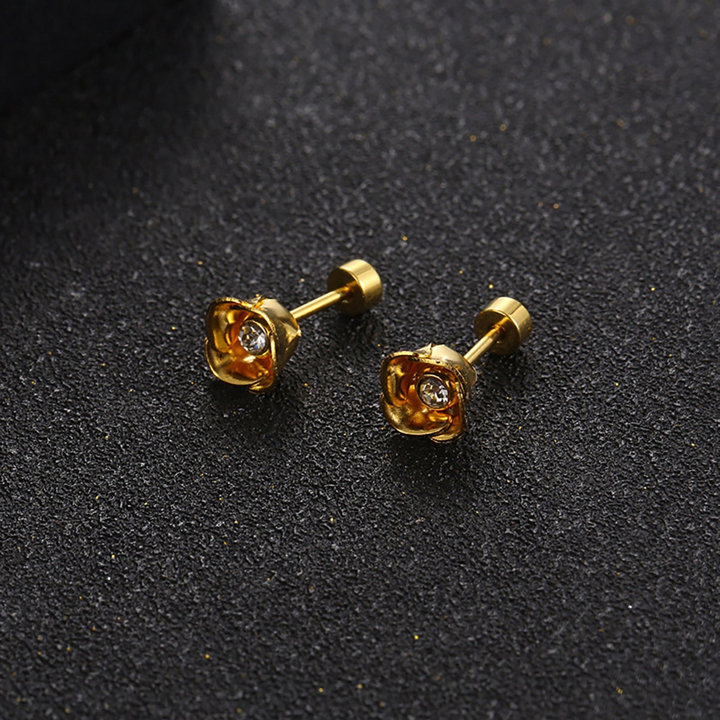 Titanium Diamond Flower Stud Earrings, Screw Flat Back, Non Tarnish Earrings, Implant Grade Titanium Waterproof, Vintage Style, Minimalist