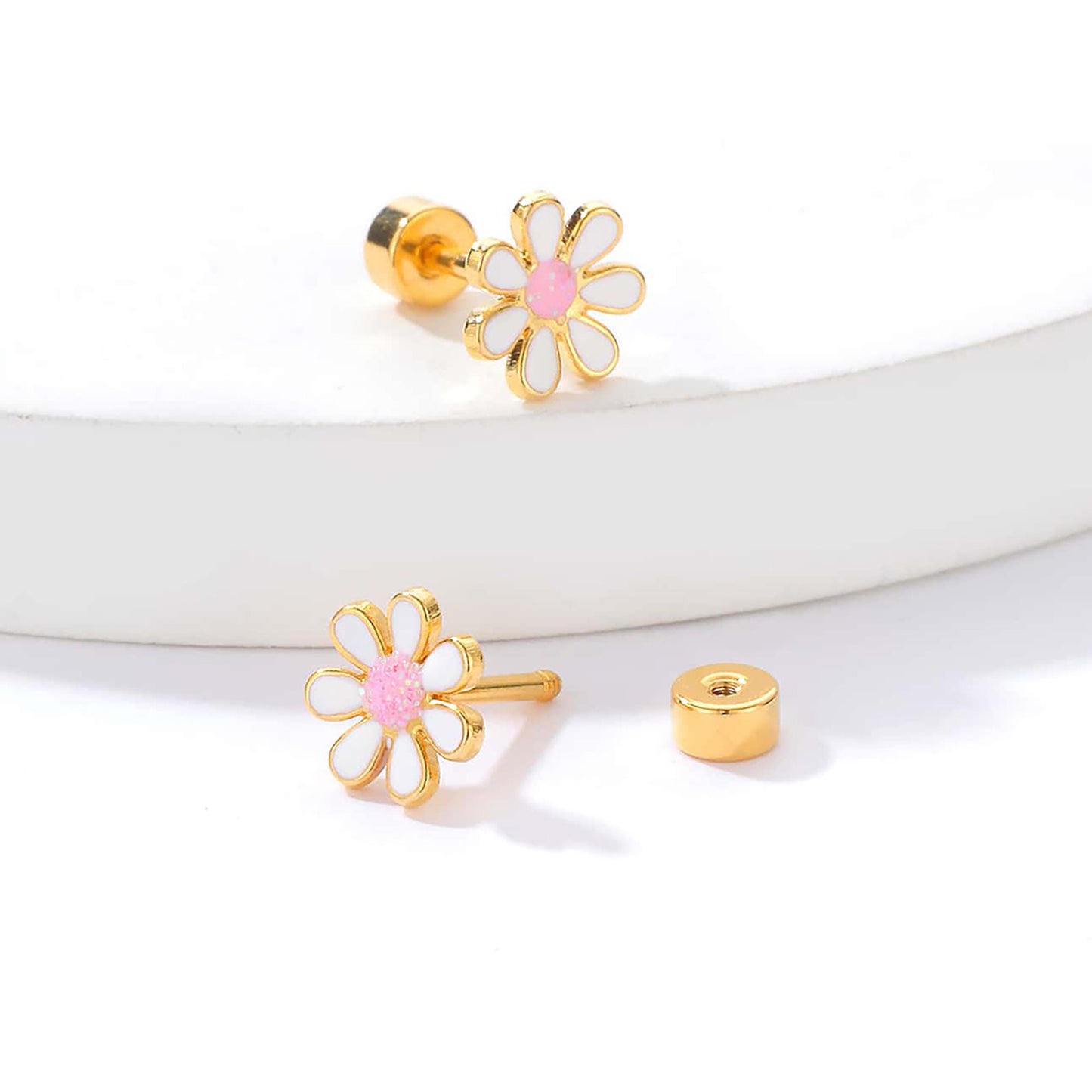 Titanium White Daisy Flower Screw Back Stud Earrings, Non Tarnish Earrings, Implant Grade Titanium Waterproof Earrings, Minimal Earrings