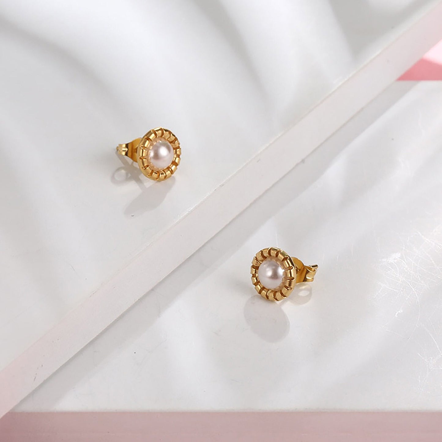 Titanium Pearl Sunflower Stud Earrings, Non Tarnish Earrings, Implant Grade Titanium Waterproof Earrings, Vintage Style Earrings, Minimal