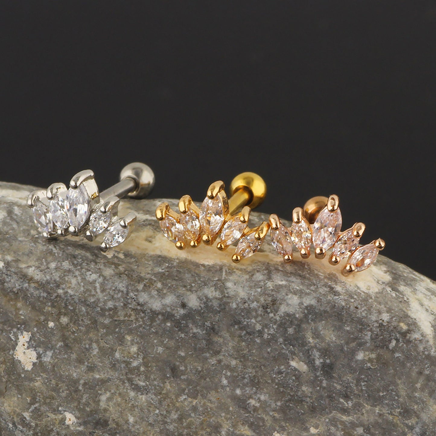Titanium Leaf Zircon Screw Back Stud Earrings, Non Tarnish, Implant Grade Titanium Waterproof Earrings, Vintage Style Earrings, Minimalist