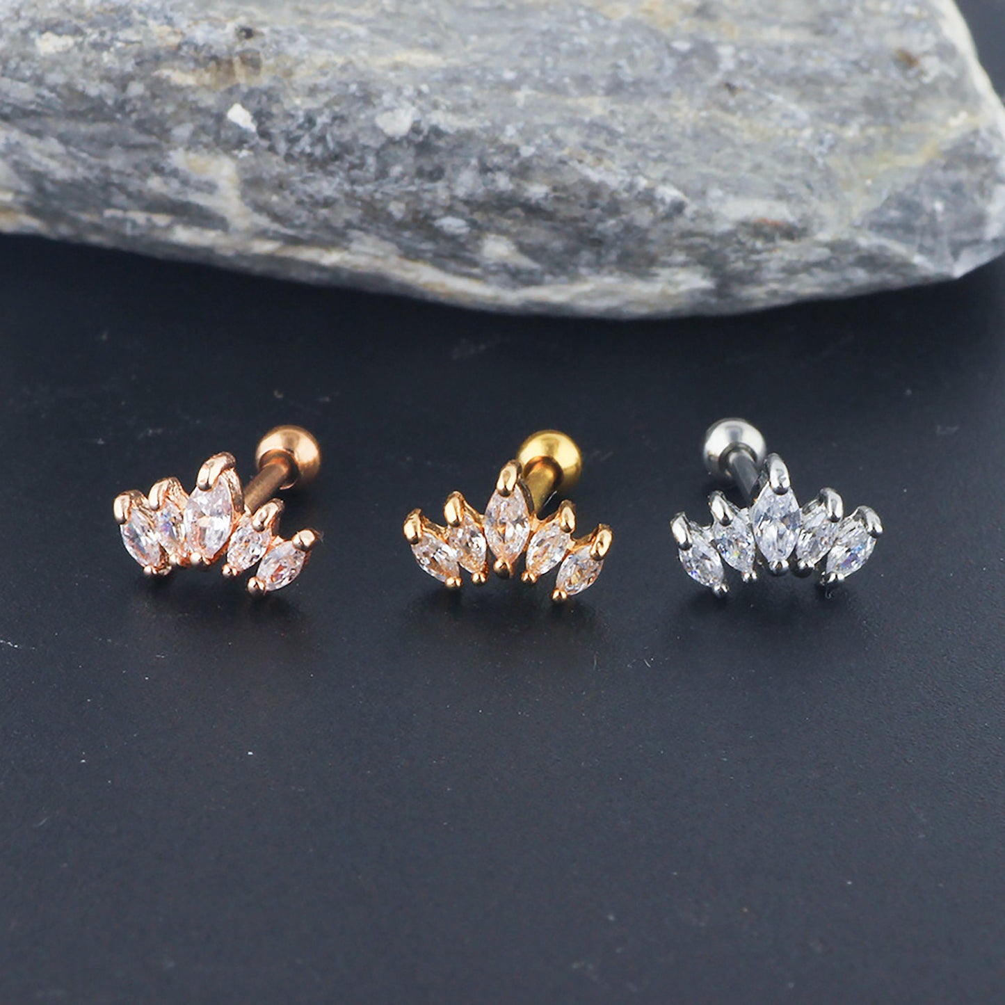 Titanium Leaf Zircon Screw Back Stud Earrings, Non Tarnish, Implant Grade Titanium Waterproof Earrings, Vintage Style Earrings, Minimalist