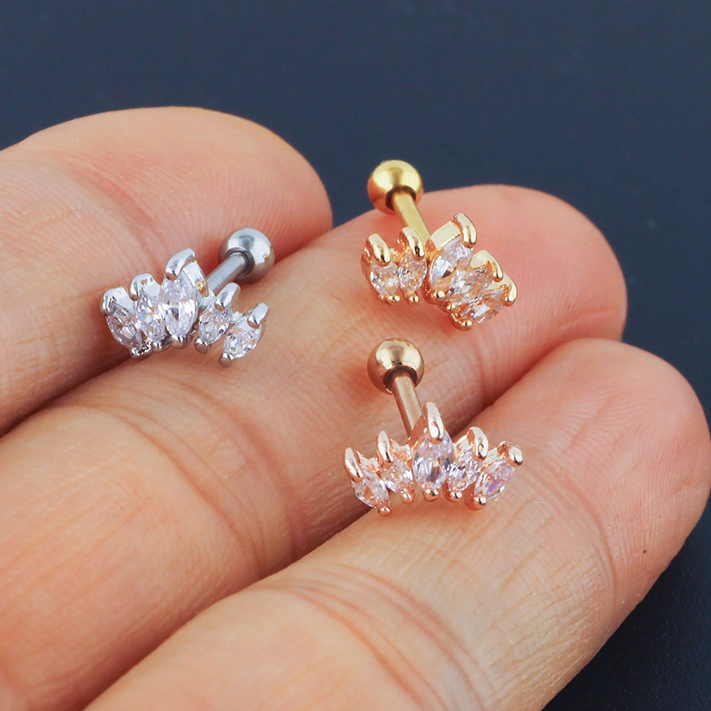 Titanium Leaf Zircon Screw Back Stud Earrings, Non Tarnish, Implant Grade Titanium Waterproof Earrings, Vintage Style Earrings, Minimalist