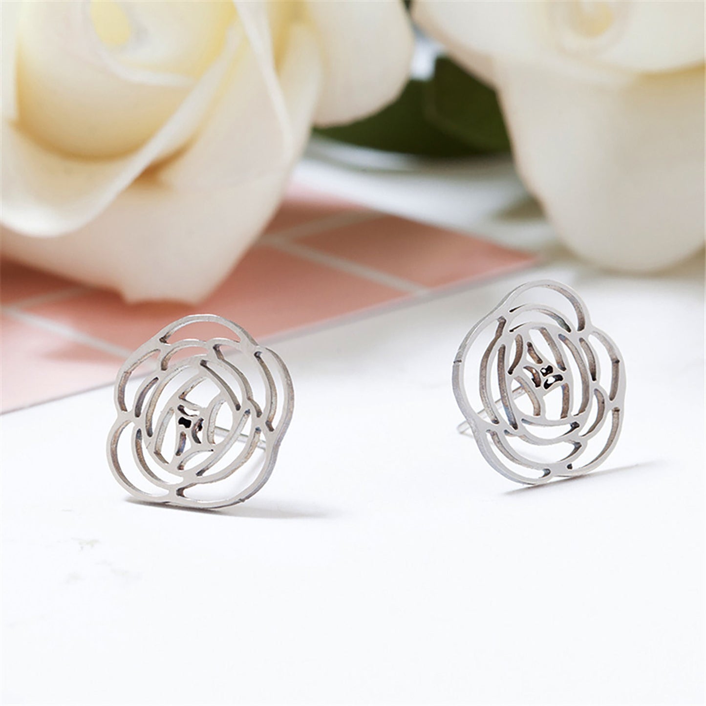 Titanium Rose Stud Earrings, Non Tarnish Earrings, Implant Grade Titanium Waterproof Earrings, Vintage Style Earrings, Minimal