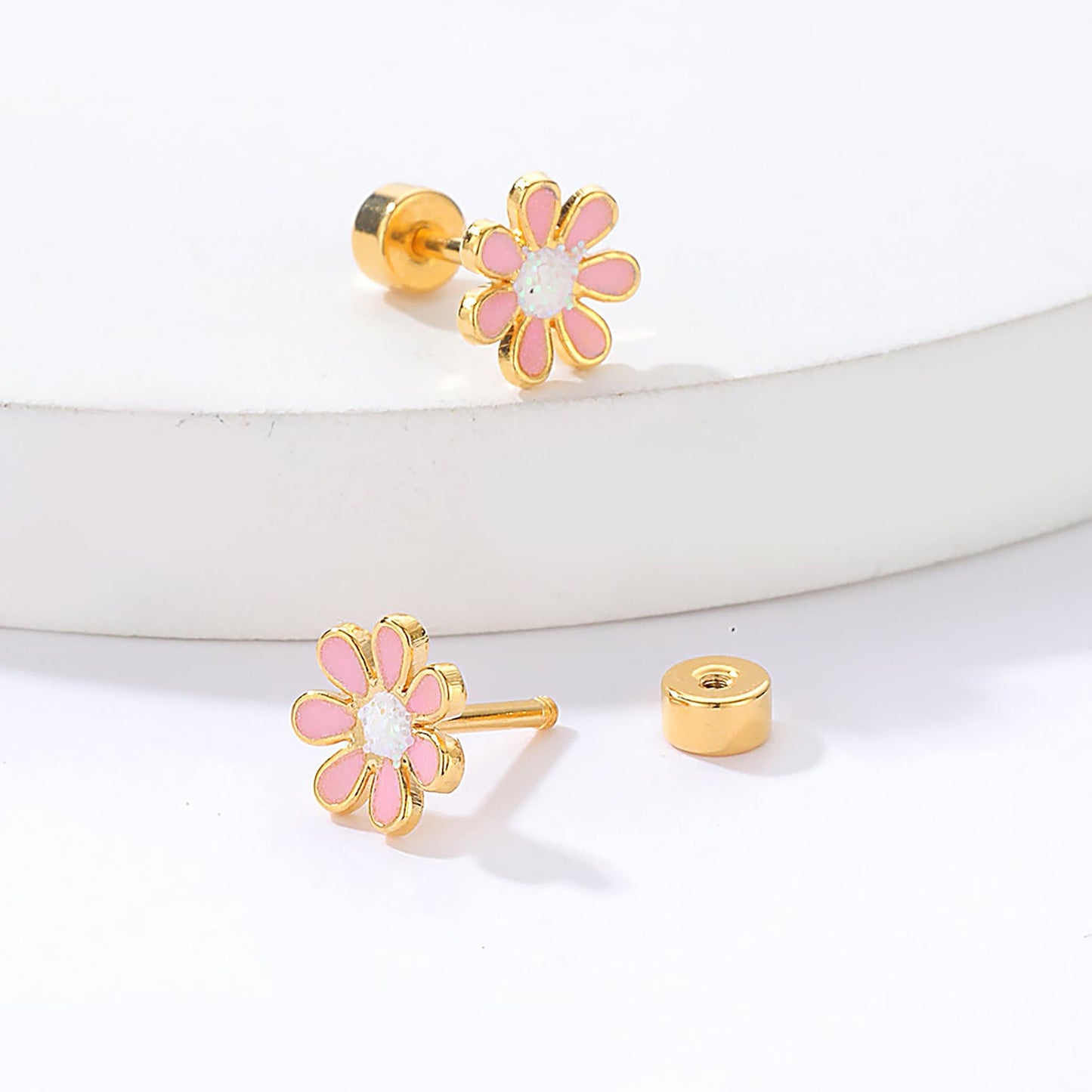 Titanium Pink Daisy Flower Screw Flat Back Stud Earrings, Non Tarnish Earrings, Implant Grade Titanium Waterproof Earrings, Minimal Earrings