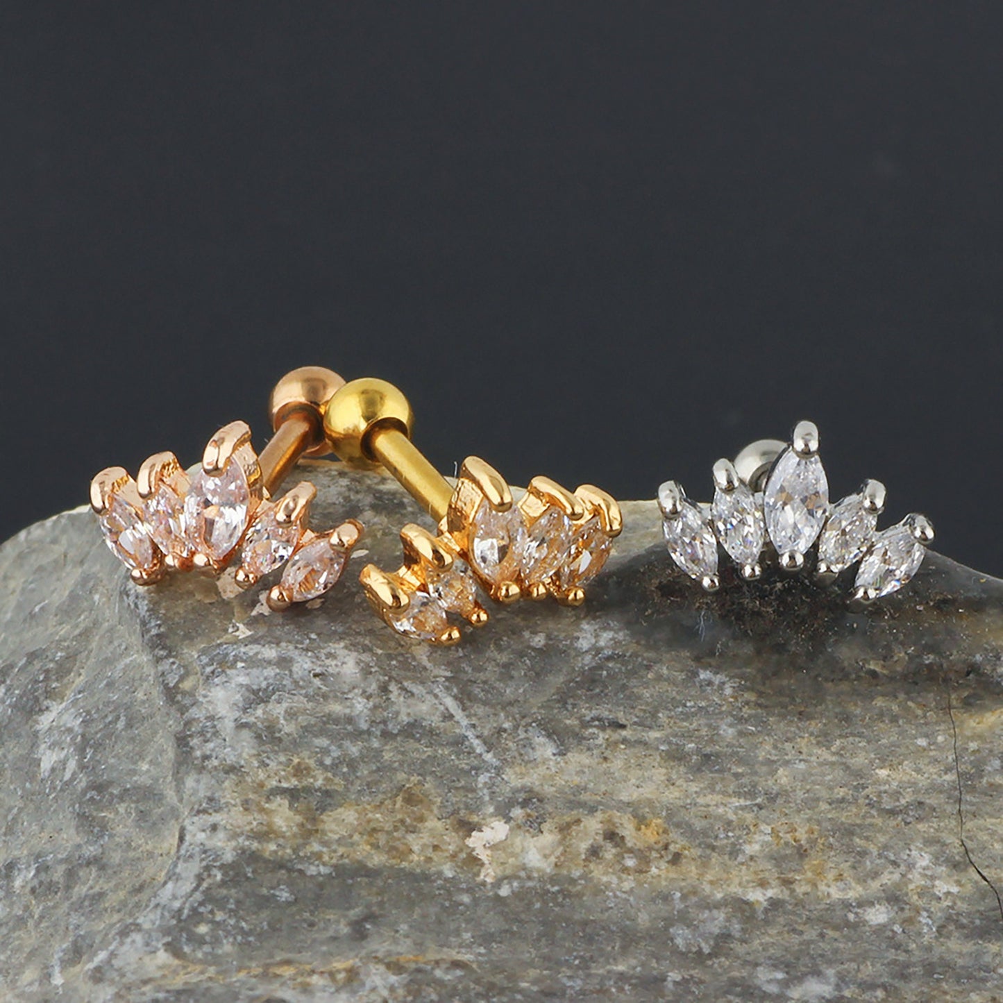 Titanium Leaf Zircon Screw Back Stud Earrings, Non Tarnish, Implant Grade Titanium Waterproof Earrings, Vintage Style Earrings, Minimalist