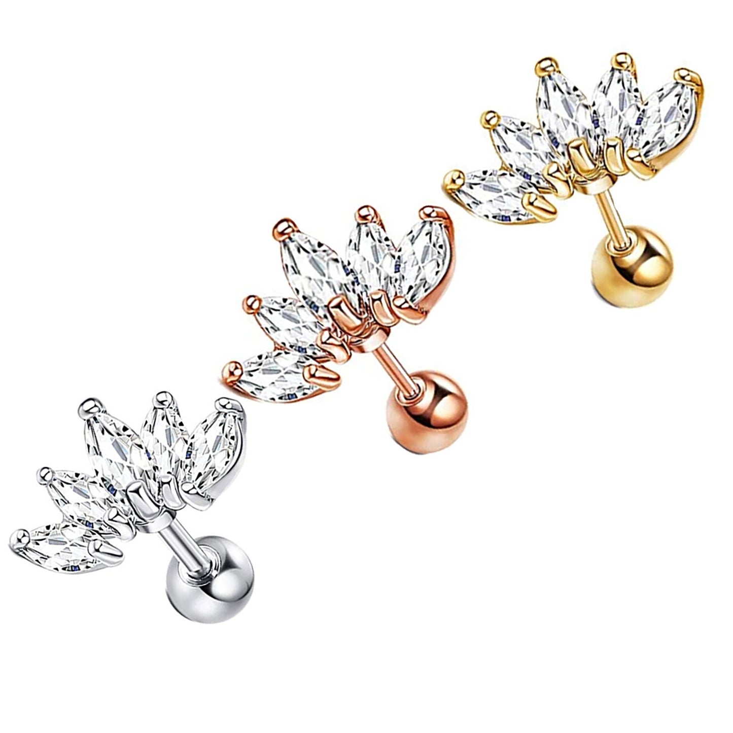 Titanium Leaf Zircon Screw Back Stud Earrings, Non Tarnish, Implant Grade Titanium Waterproof Earrings, Vintage Style Earrings, Minimalist