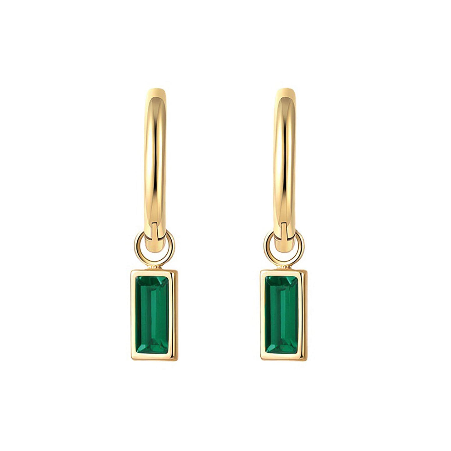 Titanium Emerald Zircon Rectangular Hoop Earrings, Non Tarnish Earrings, Implant Grade Titanium Waterproof Earrings, Vintage Style, Minimal