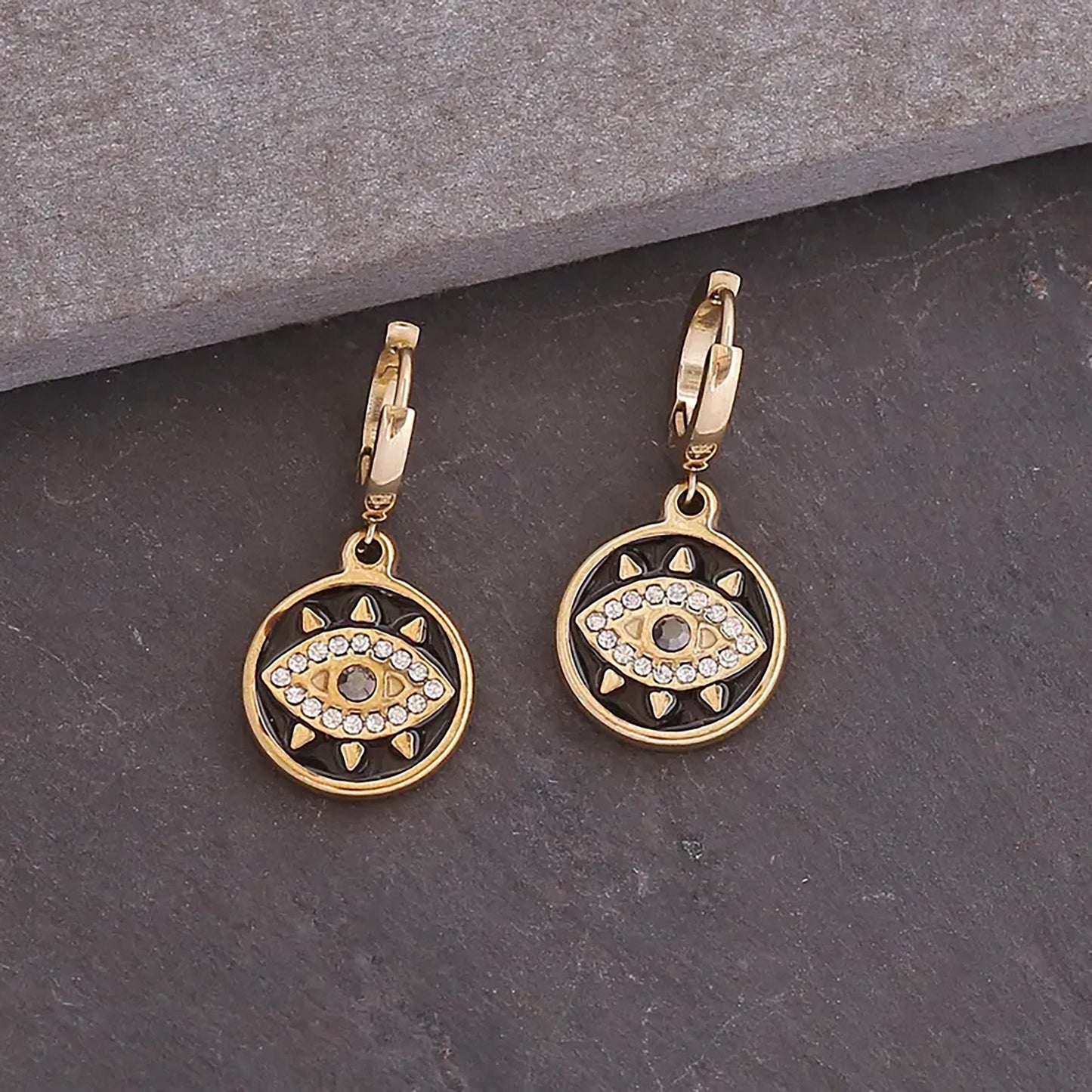 Titanium Zircon Evil Eye Huggie Hoop Earrings, Non Tarnish Earrings, Implant Grade, Waterproof, Vintage Style Earrings, Minimal Earrings