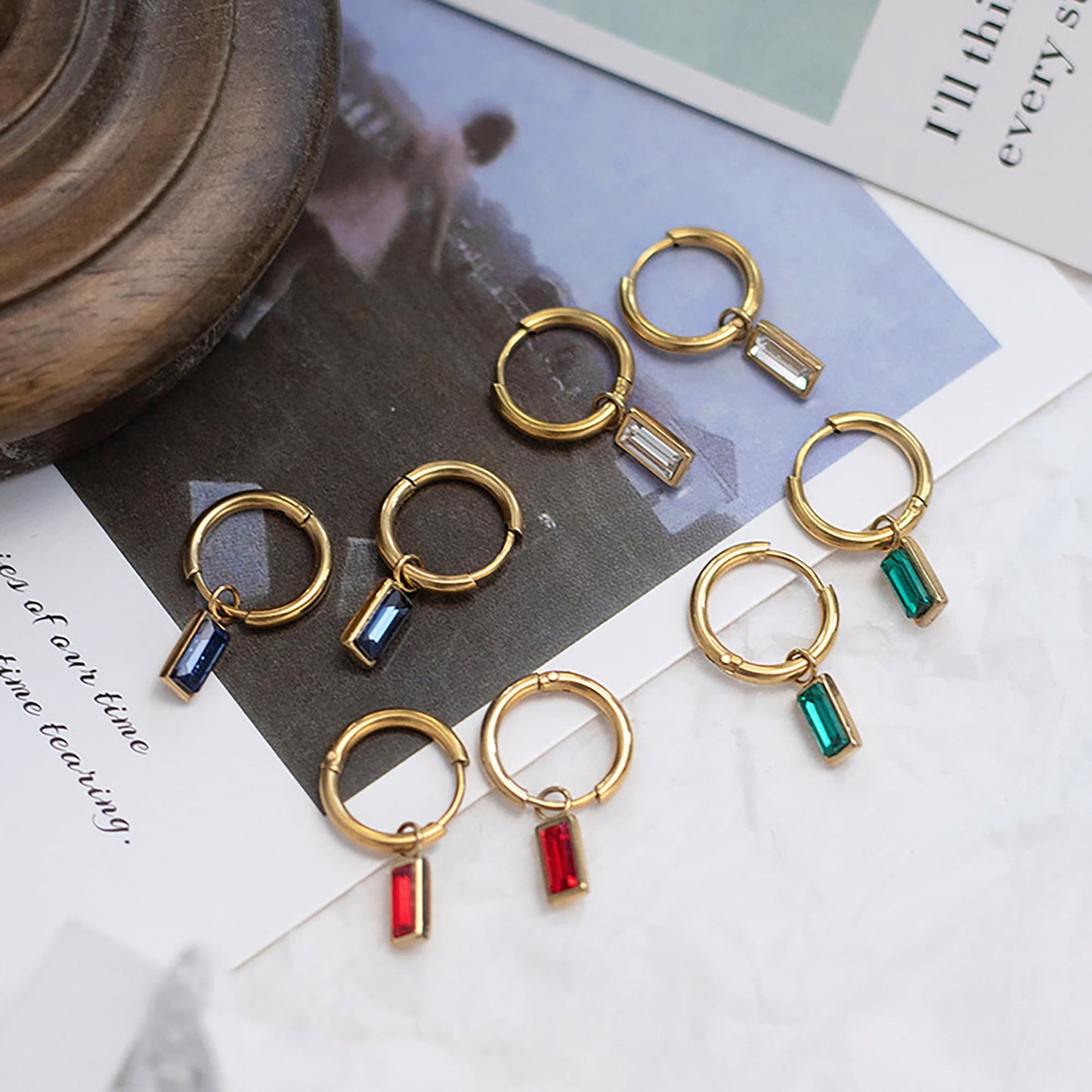 Titanium Emerald Zircon Rectangular Hoop Earrings, Non Tarnish Earrings, Implant Grade Titanium Waterproof Earrings, Vintage Style, Minimal