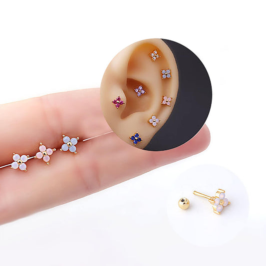 Titanium Tiny Zircon Flowers Screw Back Stud Earrings, Non Tarnish, Implant Grade Titanium Waterproof Earrings, Vintage Style, Minimalist