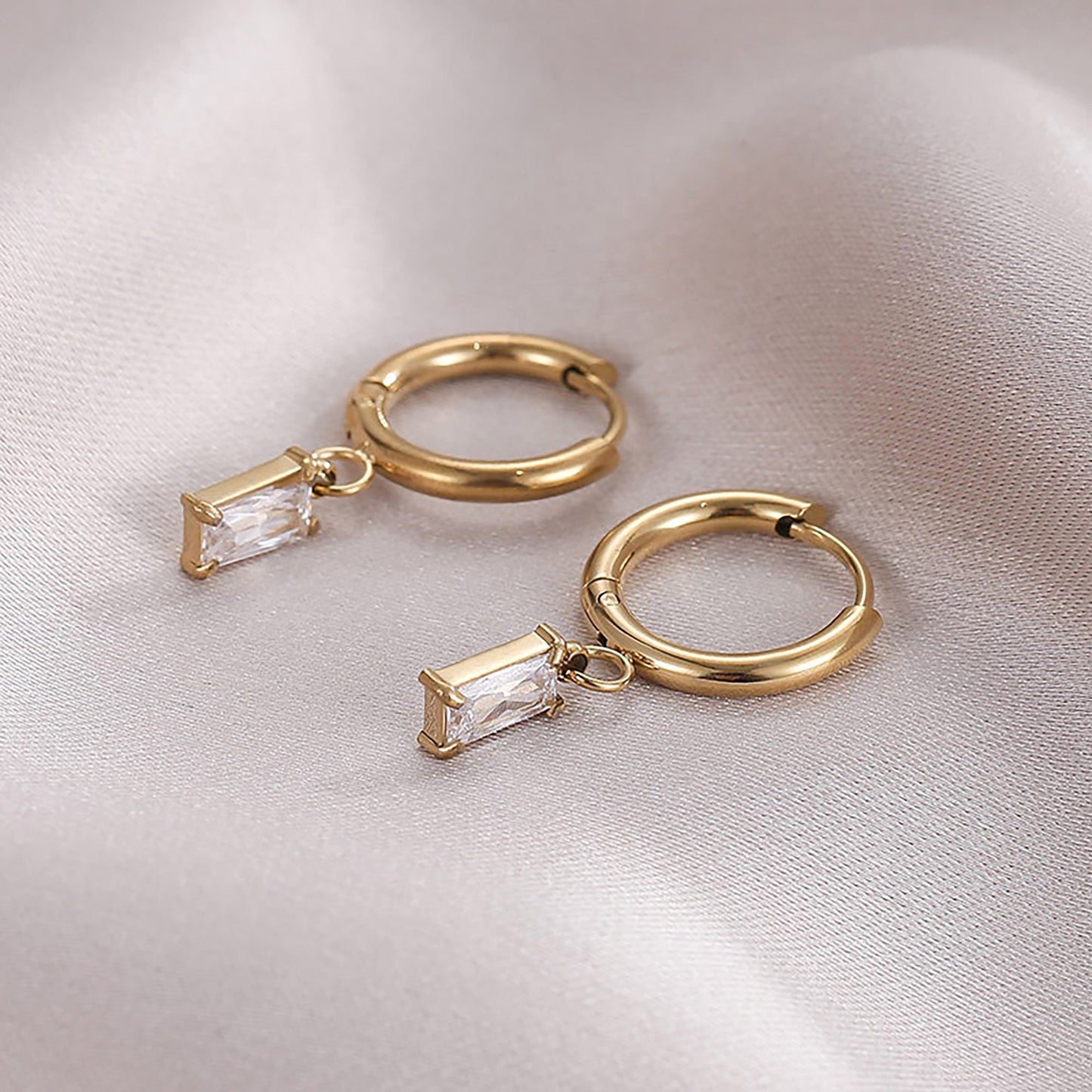 Titanium White Zircon Rectangular Hoop Earrings, Non Tarnish Earrings, Implant Grade Titanium Waterproof Earrings, Vintage Style, Minimal