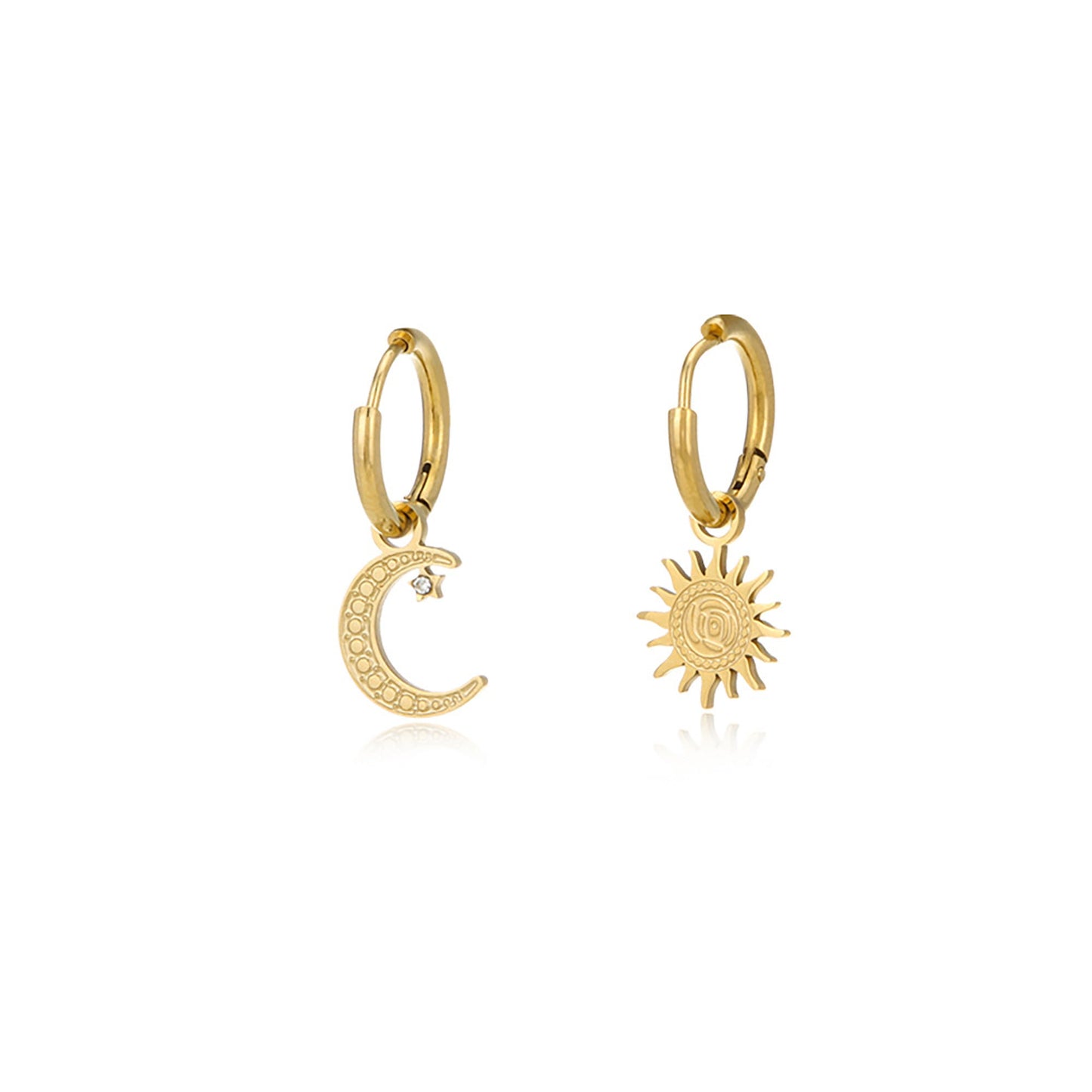 Titanium Mismatch Sun Star Huggie Hoop Earrings, Non Tarnish Earrings, Implant Grade Titanium Waterproof Earrings, Vintage Style, Minimal