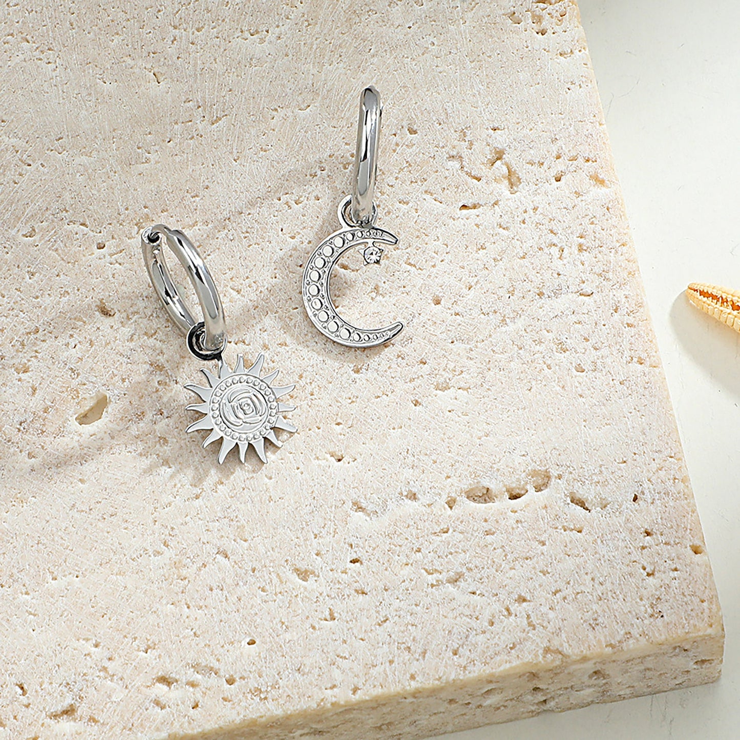 Titanium Mismatch Sun Star Huggie Hoop Earrings, Non Tarnish Earrings, Implant Grade Titanium Waterproof Earrings, Vintage Style, Minimal