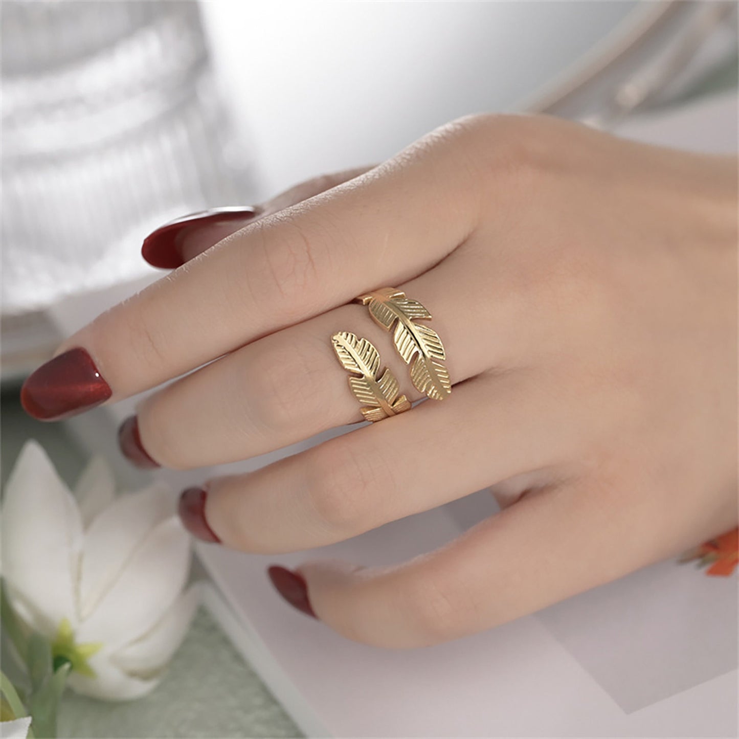 Titanium Adjustable Leaf Couple Ring, Non Tarnish Ring, Men Ring, Waterproof Ring, Stacking Ring,