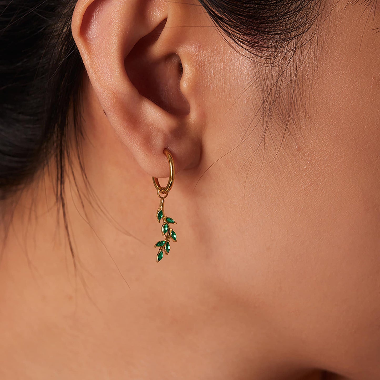 Titanium Leaves Branch Emerald Zircon Hoop Earrings, Gold Plated, Hypoallergenic, Implant Grade Titanium Waterproof, Vintage Style, Minimal