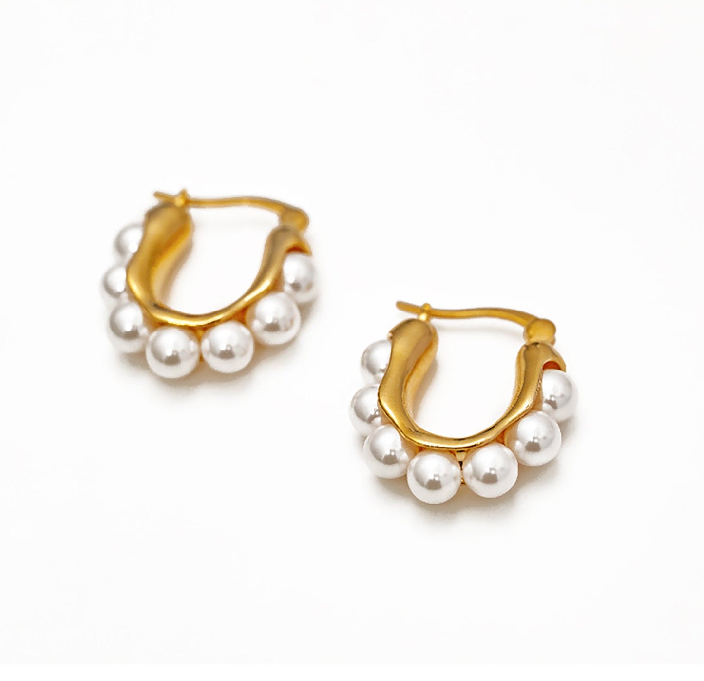 Titanium Pearl U Shape Huggie Hoop Earrings, Gold Plated, Hypoallergenic, Implant Grade Titanium Waterproof, Vintage Style, Minimal