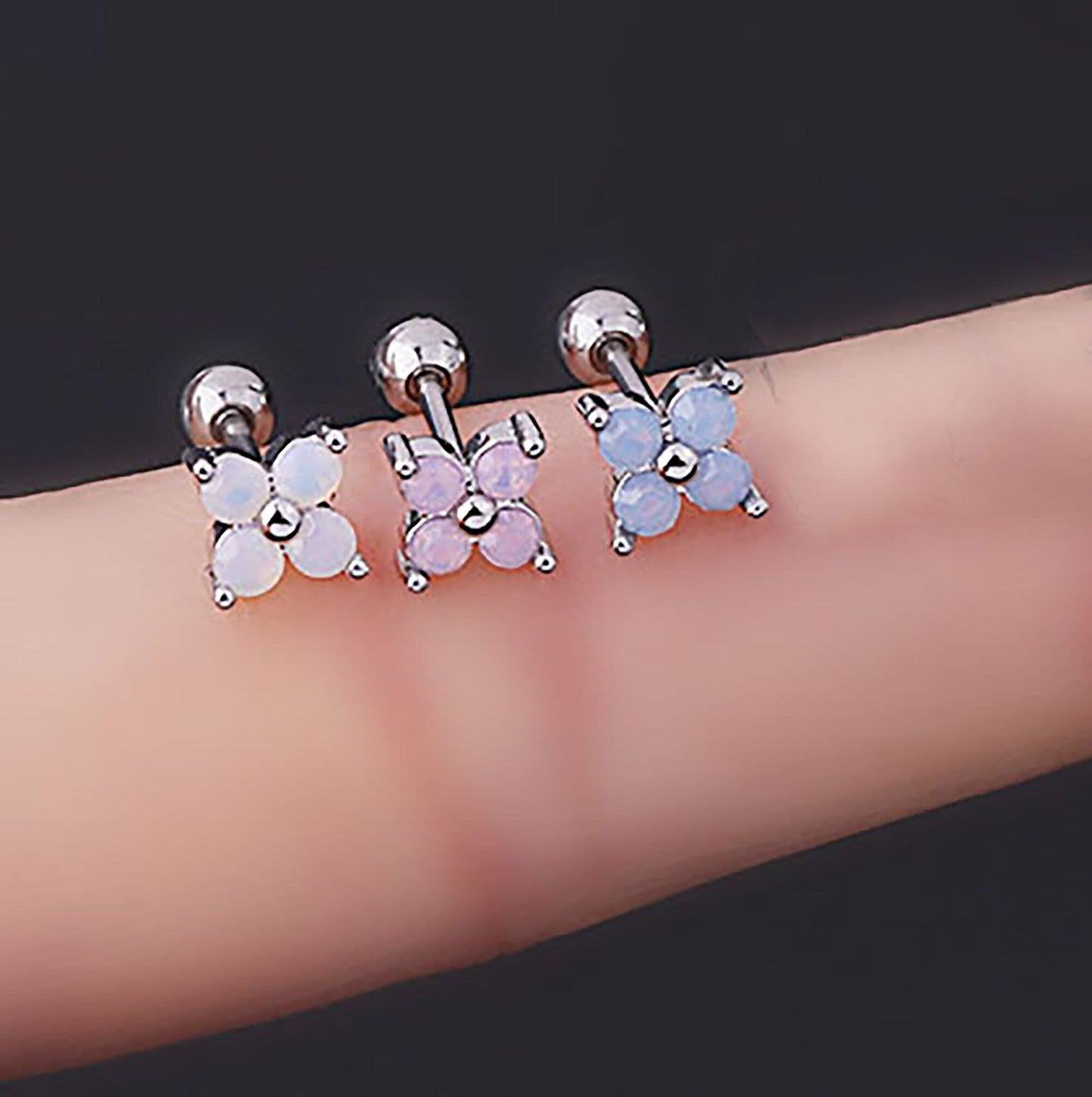 Titanium Tiny Zircon Flowers Screw Back Stud Earrings, Non Tarnish, Implant Grade Titanium Waterproof Earrings, Vintage Style, Minimalist