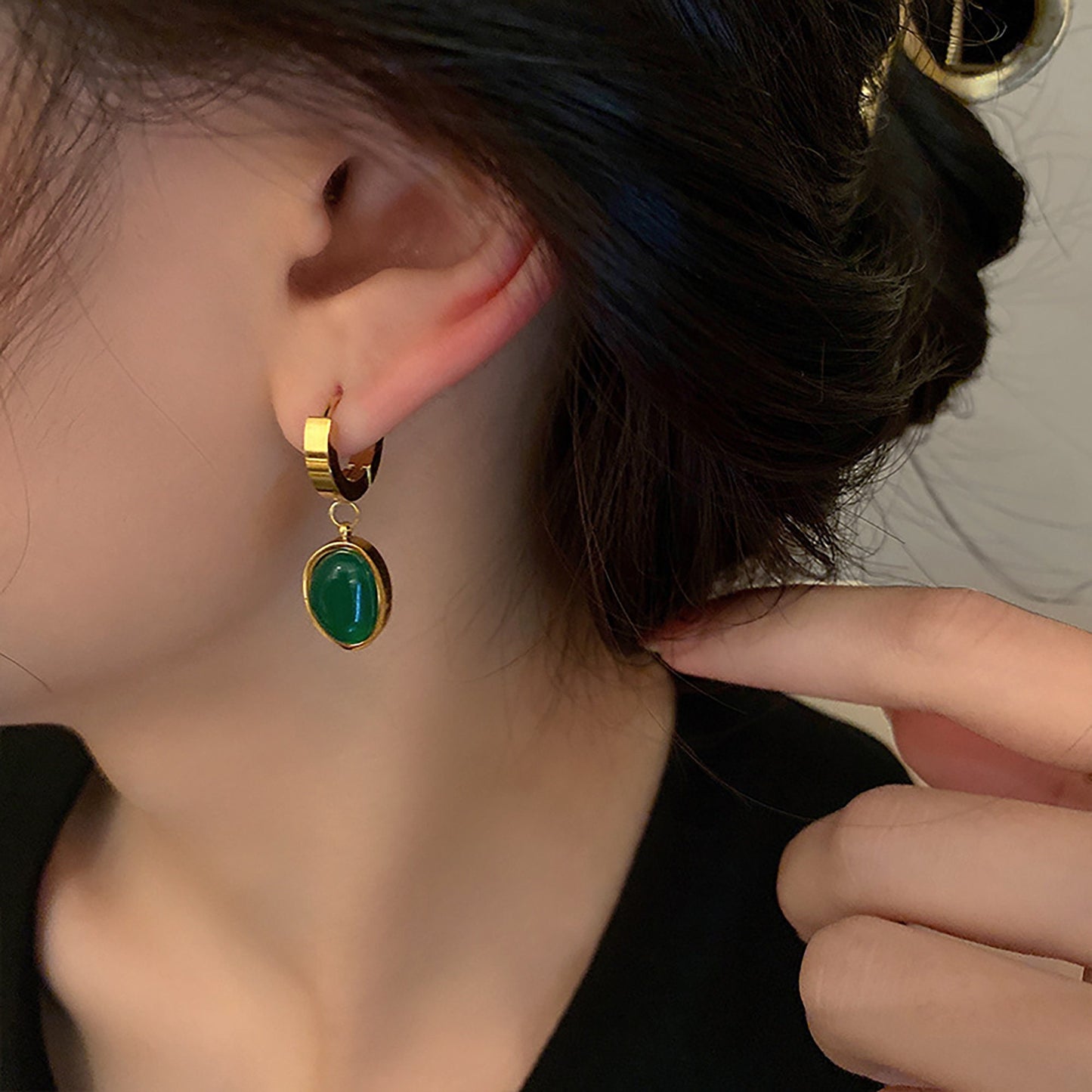 Titanium Green GemStone Hoop Earrings, Non Tarnish Earrings, Implant Grade Titanium Waterproof Earrings, Vintage Style Earrings, Minimal