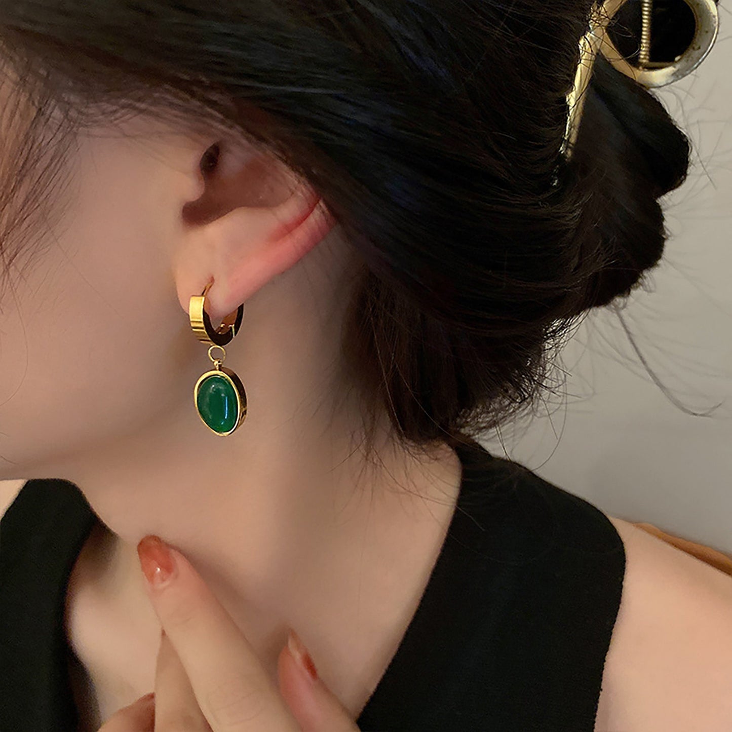 Titanium Green GemStone Hoop Earrings, Non Tarnish Earrings, Implant Grade Titanium Waterproof Earrings, Vintage Style Earrings, Minimal
