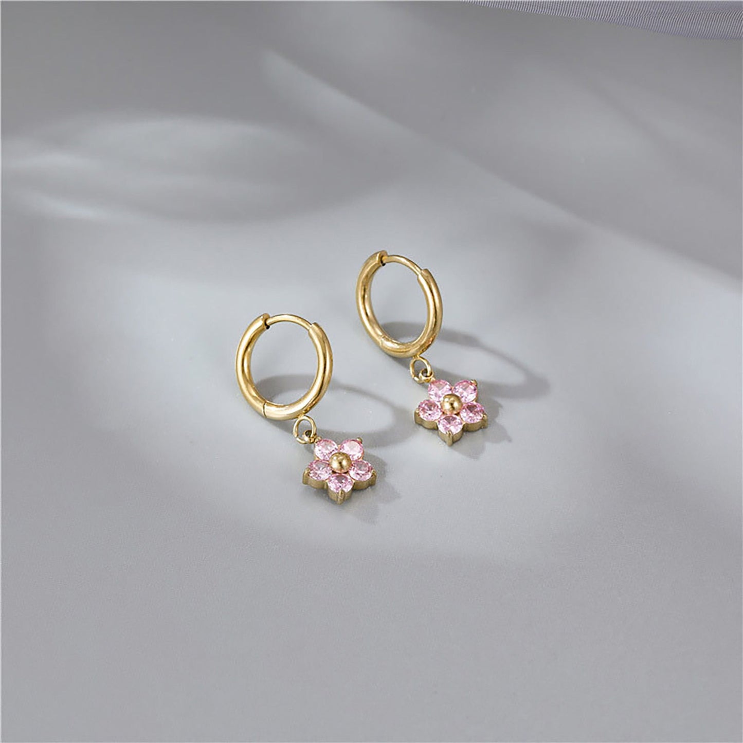 Titanium Zircon Flower Huggies Hoop Earrings, Non Tarnish, Implant Grade Titanium Waterproof Earrings, Vintage Style, Minimal