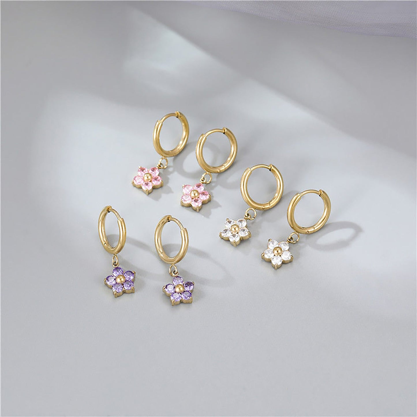 Titanium Zircon Flower Huggies Hoop Earrings, Non Tarnish, Implant Grade Titanium Waterproof Earrings, Vintage Style, Minimal