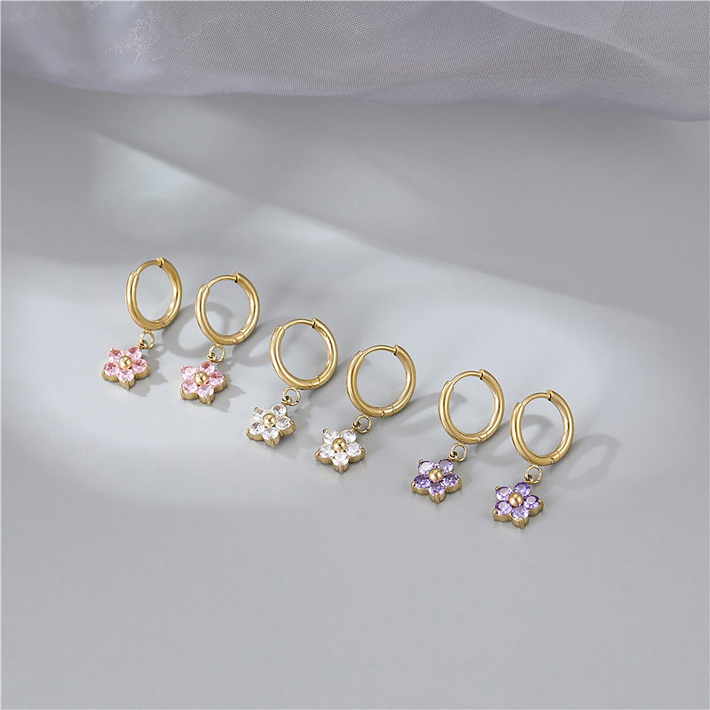 Titanium Zircon Flower Huggies Hoop Earrings, Non Tarnish, Implant Grade Titanium Waterproof Earrings, Vintage Style, Minimal