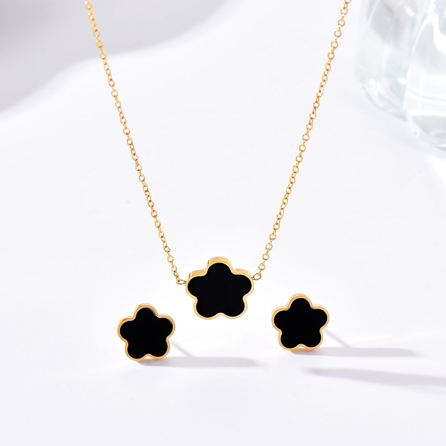 Titanium Flower Earrings Necklace Set, Shell Inlay, Non Tarnish, Implant Grade Titanium Waterproof, Vintage Style, Minimal Earrings