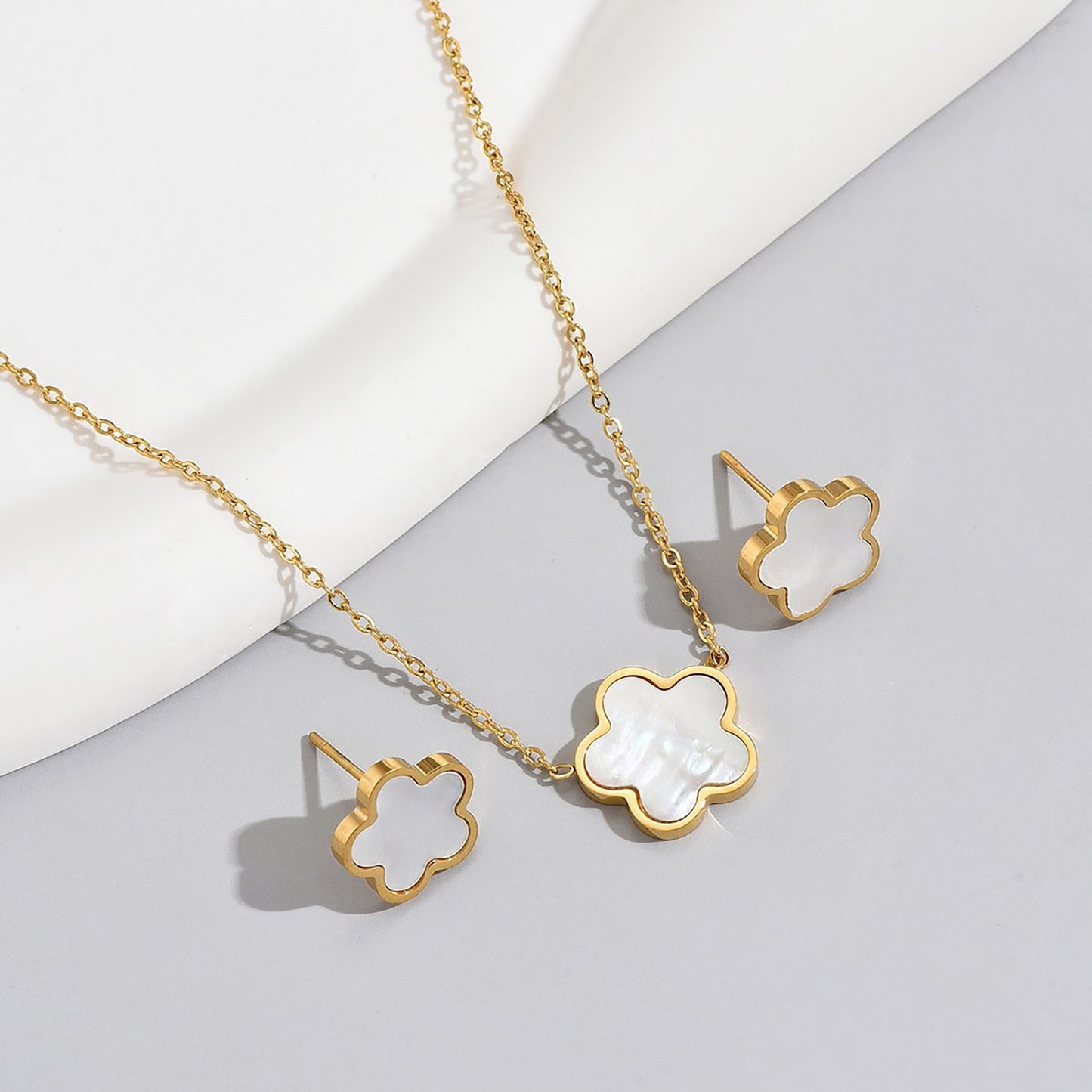 Titanium Flower Earrings Necklace Set, Shell Inlay, Non Tarnish, Implant Grade Titanium Waterproof, Vintage Style, Minimal Earrings