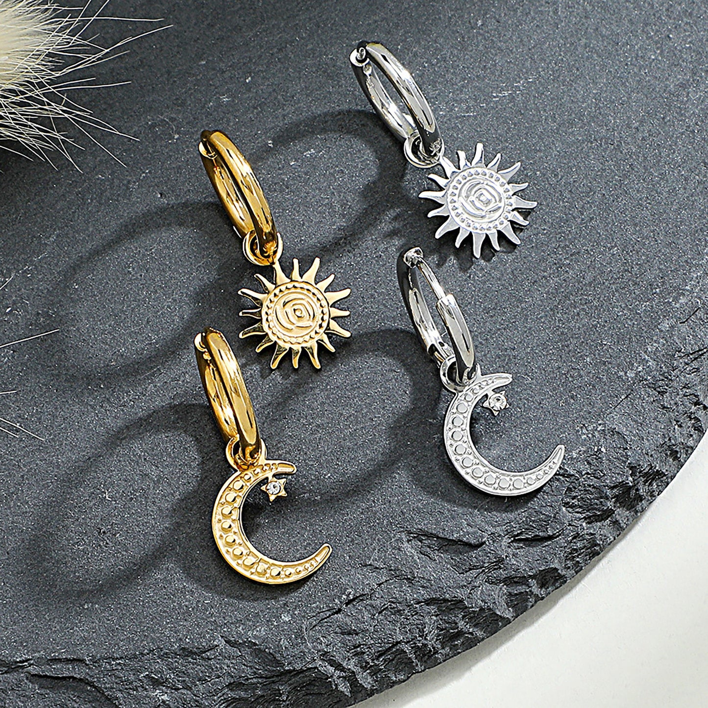 Titanium Mismatch Sun Star Huggie Hoop Earrings, Non Tarnish Earrings, Implant Grade Titanium Waterproof Earrings, Vintage Style, Minimal