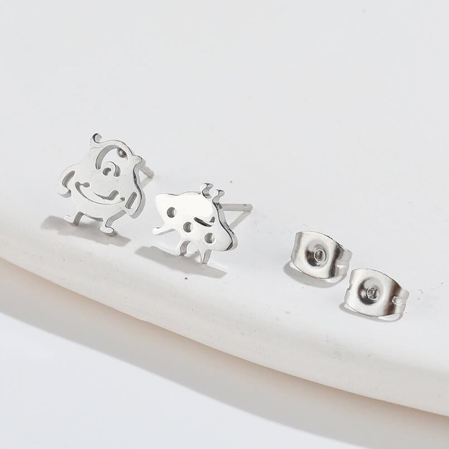 Titanium Alien Cartoon Push Back Stud Earrings, Non Tarnish, Implant Grade Titanium Waterproof Earrings, Vintage Style Earrings, Minimalist