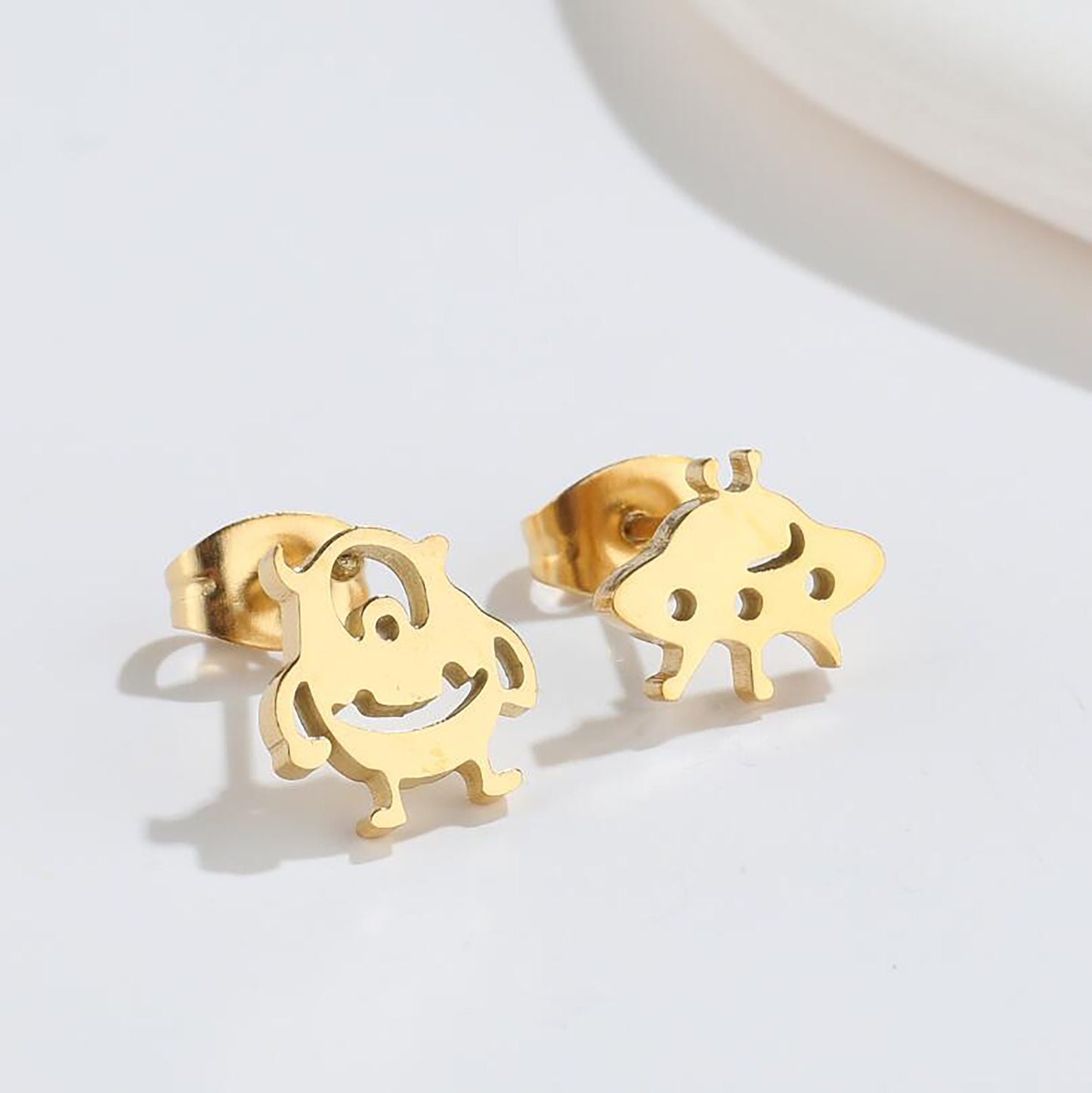 Titanium Alien Cartoon Push Back Stud Earrings, Non Tarnish, Implant Grade Titanium Waterproof Earrings, Vintage Style Earrings, Minimalist