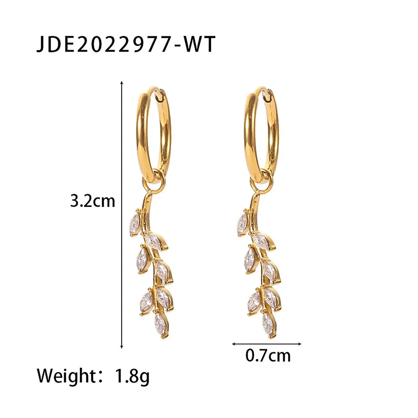 Titanium Leaves Branch Zircon Hoop Earrings, Gold Plated, Hypoallergenic, Implant Grade Titanium Waterproof, Vintage Style, Minimal