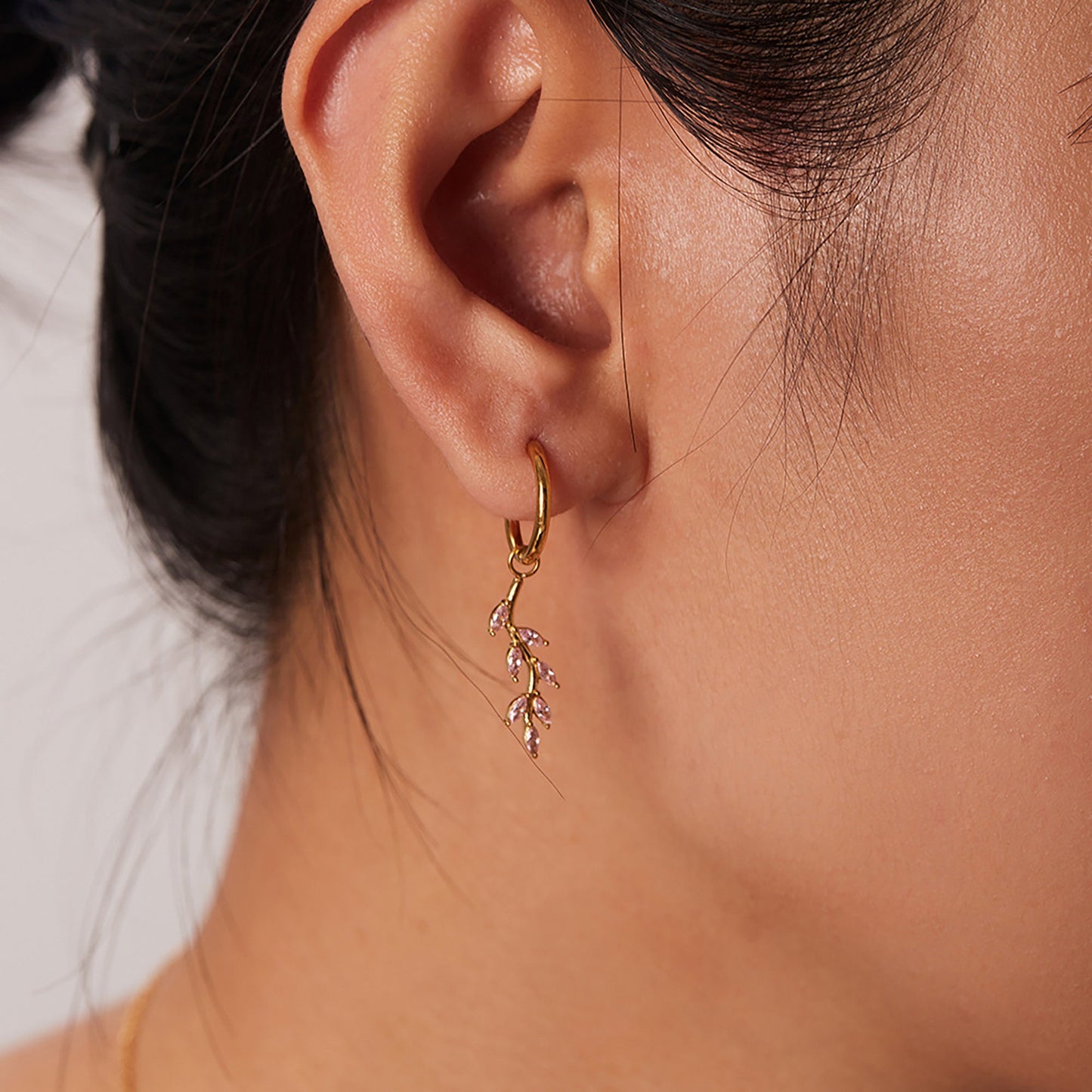 Titanium Leaves Branch Zircon Hoop Earrings, Gold Plated, Hypoallergenic, Implant Grade Titanium Waterproof, Vintage Style, Minimal