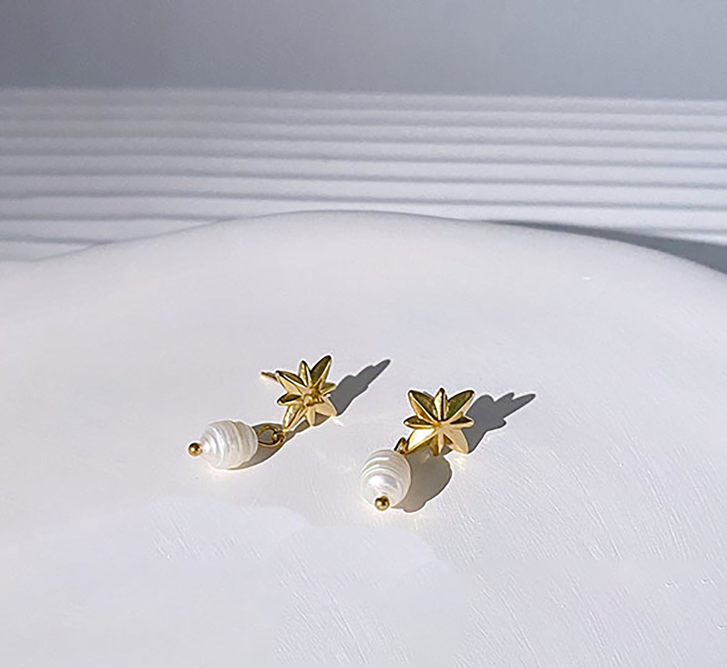 Titanium Star Freshwater Pearl Dangle Drop Earrings, Non Tarnish, Implant Grade Titanium Waterproof, Vintage Style, Minimalist