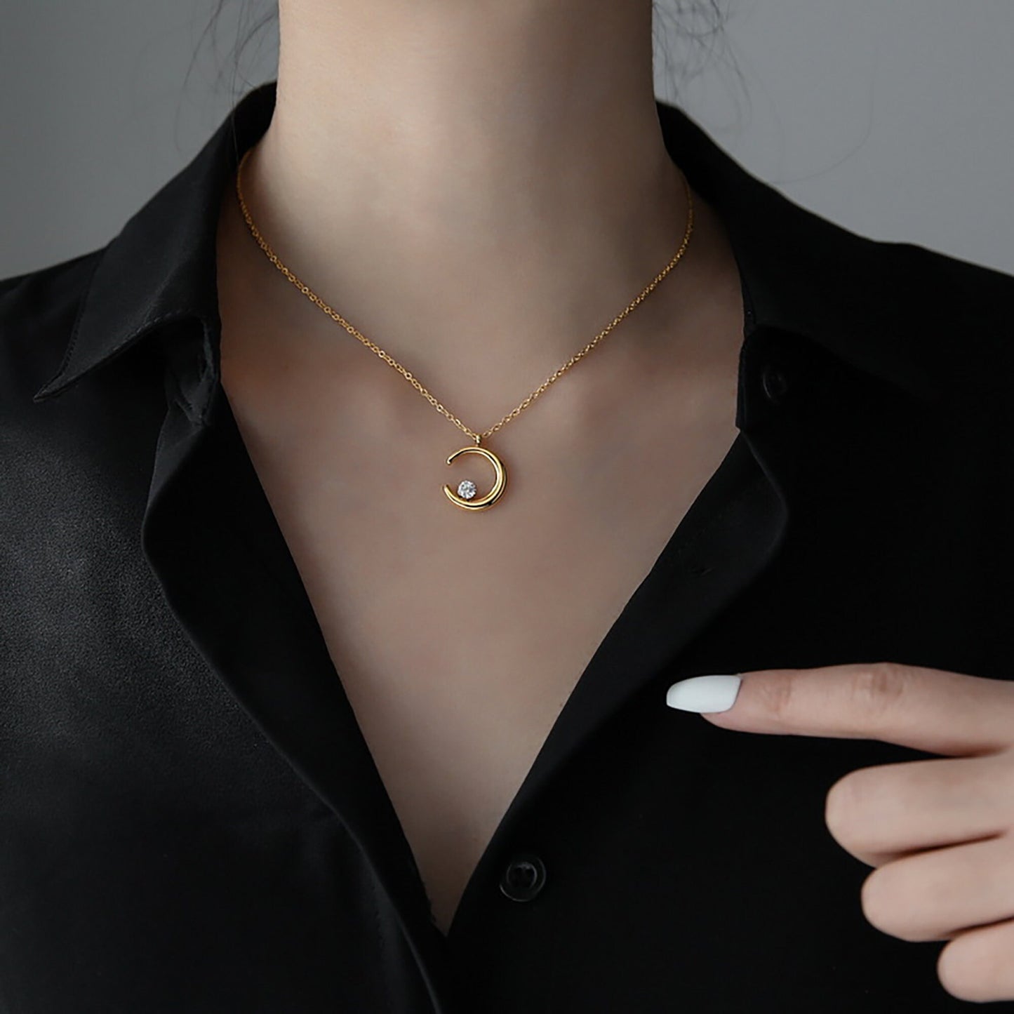 Titanium Gold Moon Zircon Necklace, Non Tarnish, Implant Grade Titanium Waterproof, Vintage Style, Minimal Necklace, Dainty Necklace
