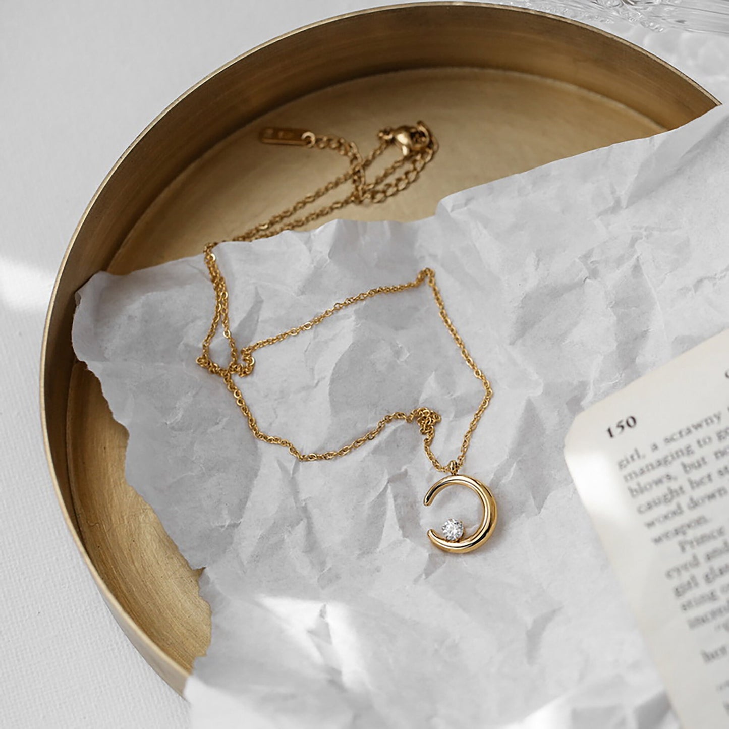Titanium Gold Moon Zircon Necklace, Non Tarnish, Implant Grade Titanium Waterproof, Vintage Style, Minimal Necklace, Dainty Necklace