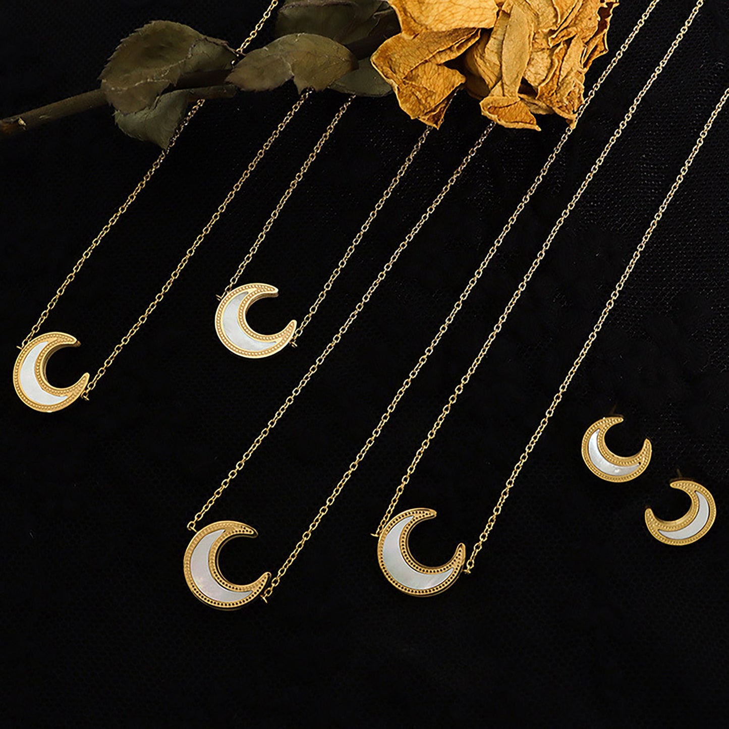 Titanium Gold Shell Moon Earrings Necklace Set, Shell Inlay, Non Tarnish, Implant Grade Titanium Waterproof, Vintage Style, Minimal