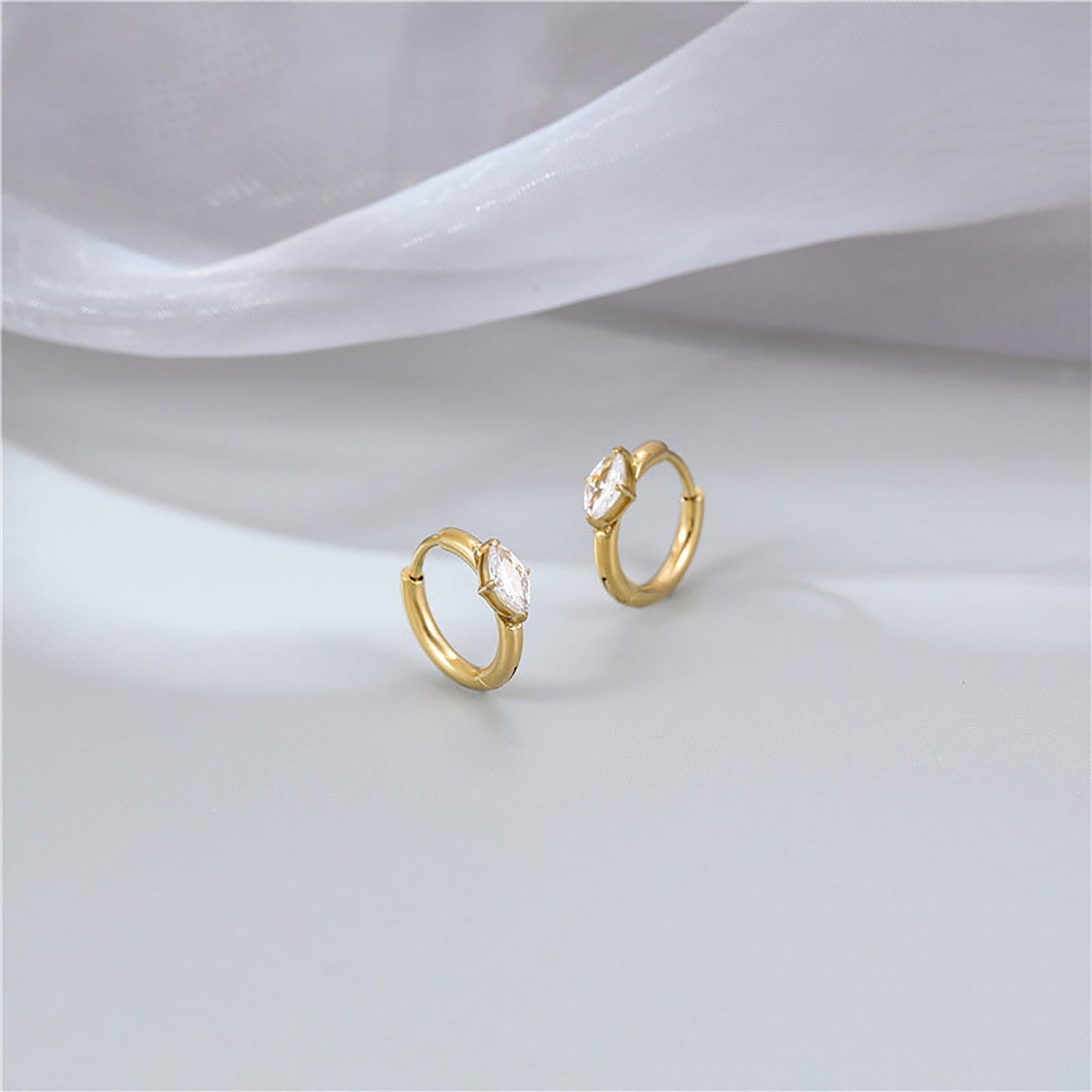 Titanium Zircon Huggies Hoop Earrings, Gold Plated, Hypoallergenic, Implant Grade Titanium Waterproof, Vintage Style, Minimal