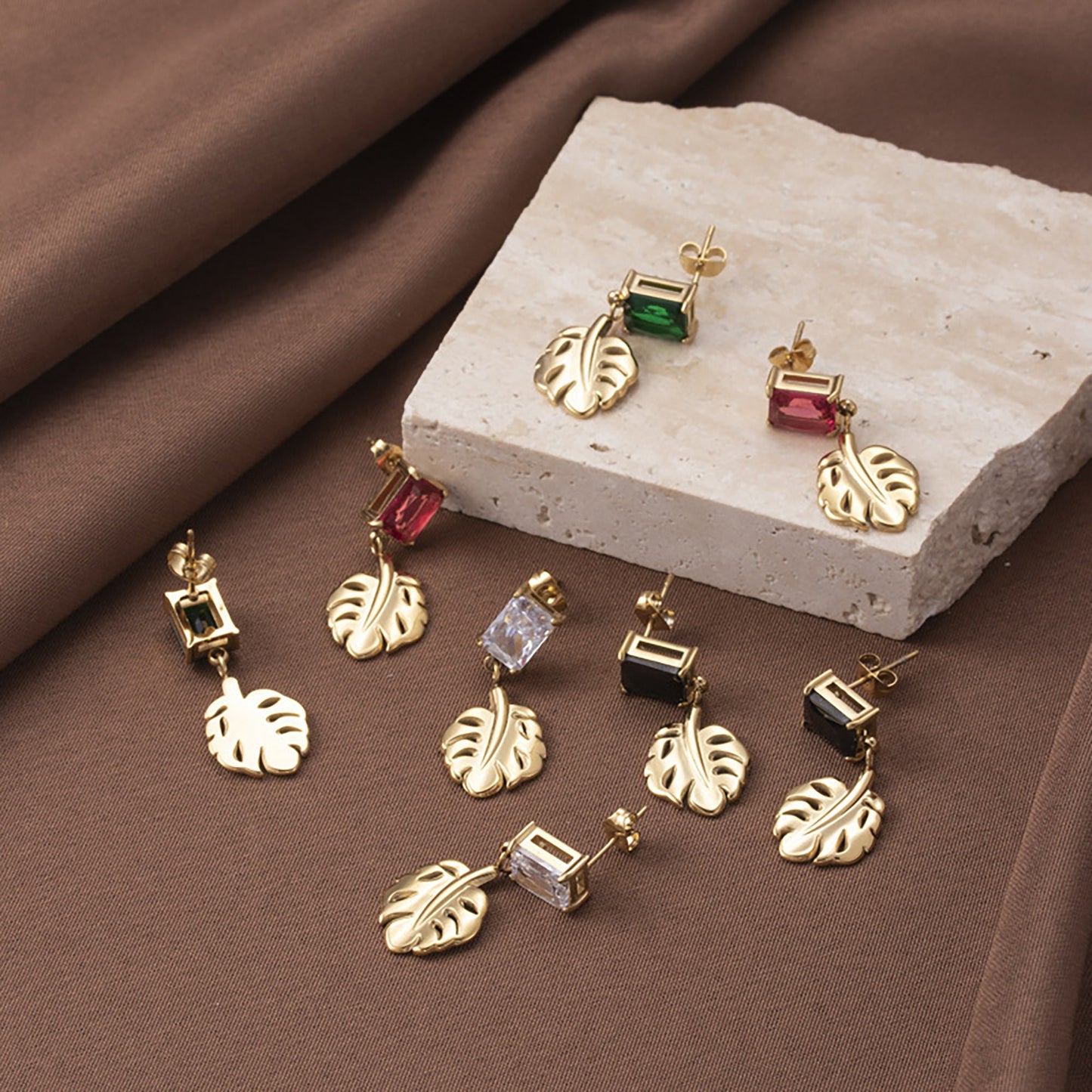 Titanium Emerald Leaf Zircon Dangle Earrings, Gold Plated, Hypoallergenic, Implant Grade Titanium Waterproof, Vintage Style, Minimal