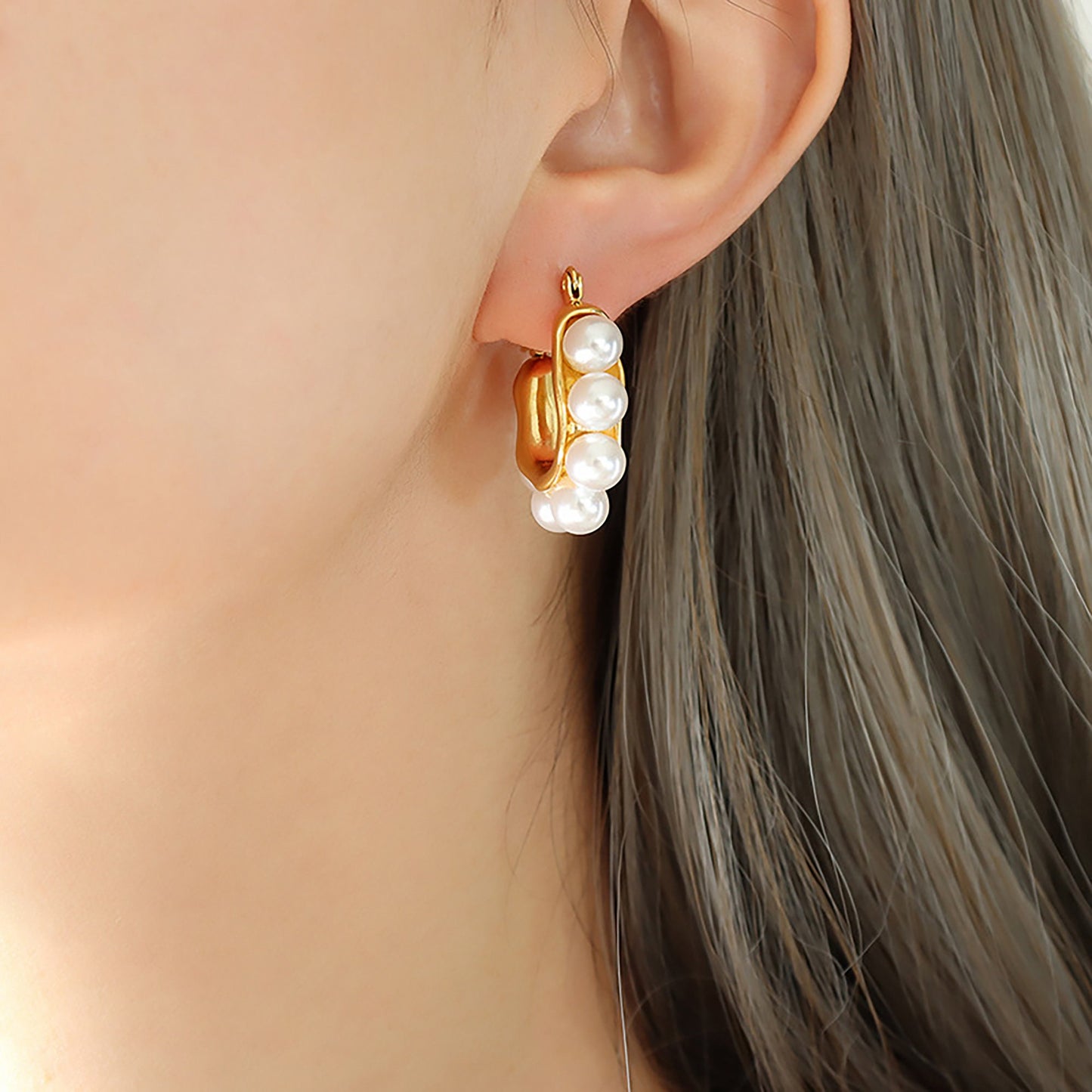 Titanium Pearl U Shape Huggie Hoop Earrings, Gold Plated, Hypoallergenic, Implant Grade Titanium Waterproof, Vintage Style, Minimal