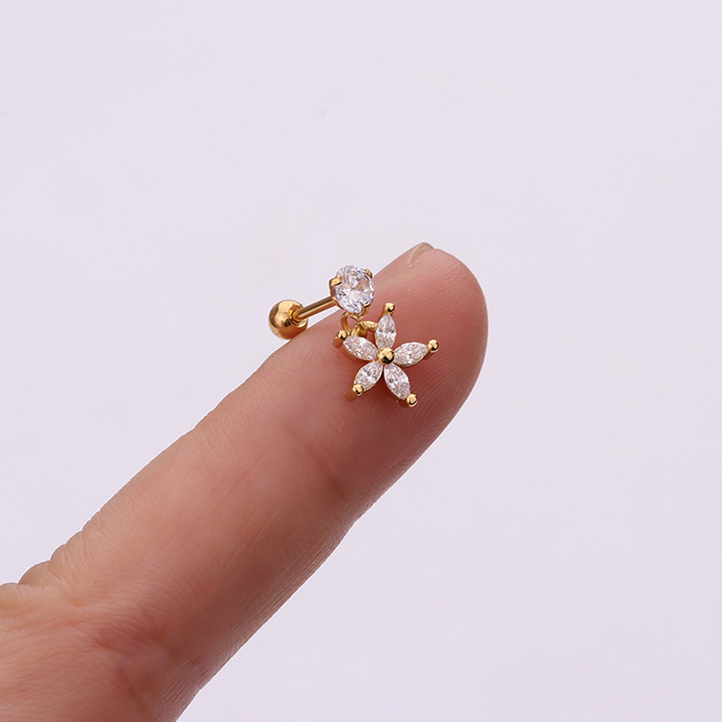 Titanium Drop Flower Zircon Screw Back Stud Ear Bone Earrings, Non Tarnish, Implant Grade Titanium Waterproof, Vintage Style, Minimalist