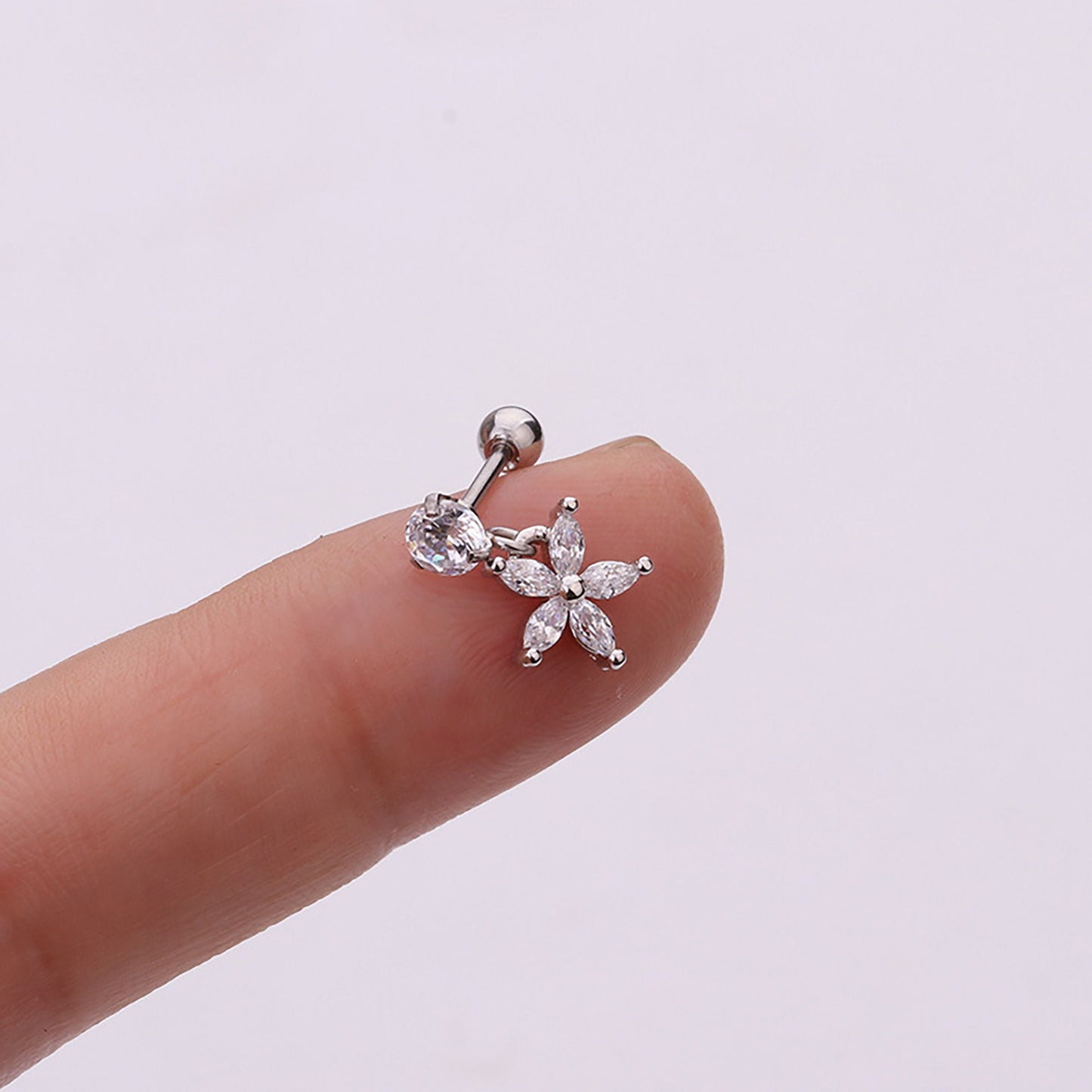 Titanium Drop Flower Zircon Screw Back Stud Ear Bone Earrings, Non Tarnish, Implant Grade Titanium Waterproof, Vintage Style, Minimalist