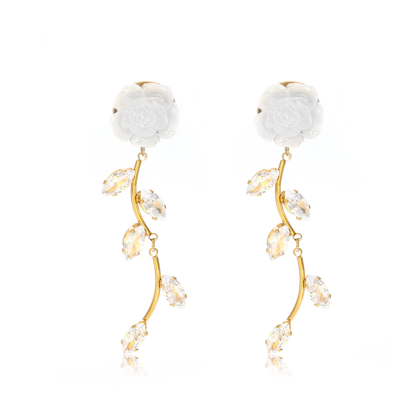 Titanium Rose Leaves Branch Zircon Dangle Earrings, Gold Plated, Hypoallergenic, Implant Grade Titanium Waterproof, Vintage Style, Minimal