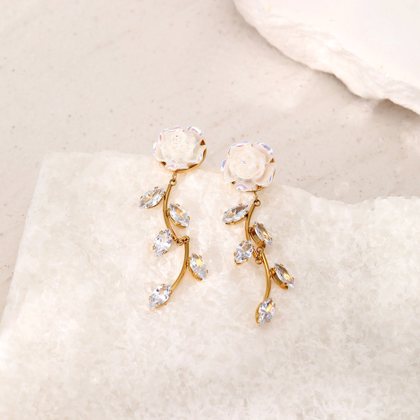 Titanium Rose Leaves Branch Zircon Dangle Earrings, Gold Plated, Hypoallergenic, Implant Grade Titanium Waterproof, Vintage Style, Minimal